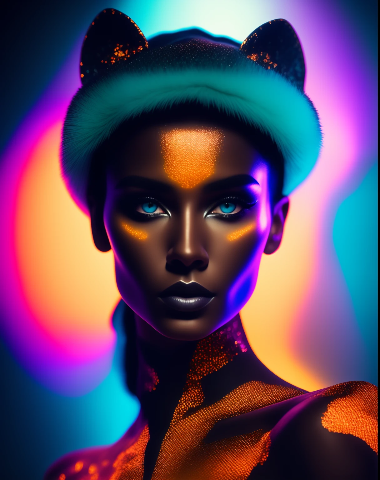 35mm, neon, analog photo, dynamic lighting, chiaroscuro, hiper realismo, luminismo, HD, muito detalhado. Colorful gradients. Gradient glow. Avant-garde makeup. Orange-violet-green lights. Woman’s skin is multi-colored in a beautiful glow. Gradients on face. Gradient lights on skin. Light bloom. Black background. Darkness. Halo. Haze. Woman in bodysuit with tiger skin pattern. Awkward look. Tiger fur on cloth. Very small black hat. Very short hair. Pale blue skin. Long neck. Thin hose. Wide-set eyes. Half turn. Darkness. Mood. Haze. Model. Avantgarde makeup. Head tilt. Eye contact. Blue eyes. Beautiful glow. Very small black coif. Slim. A lot of space. Very detailed face. (high detailed skin:1.2). Film grain. Album cover. Magazine cover.