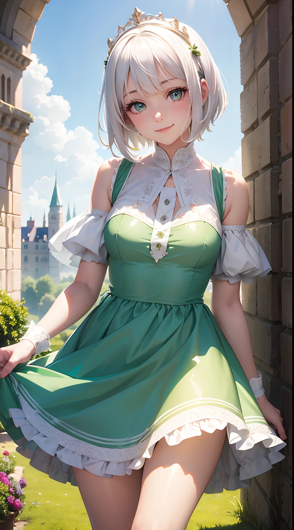 One girl, white hair, short hair, green eyes, soft skin, smiling,Victoria dress, long medium shot, sunlight, colorful results, high quality, high resolution, outdoor, inside castle,