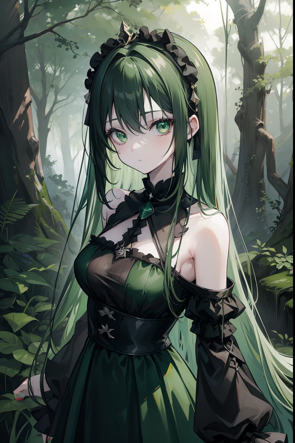 anime girl, long dark green hair, green emerald pendant, beautiful outfit, standing in a dense forest with a beautiful black long sleeved dress, dark environment, looking up at camera, black hair accessories on her head, beautiful green eyes, detailed, good anatomy, high resolution
