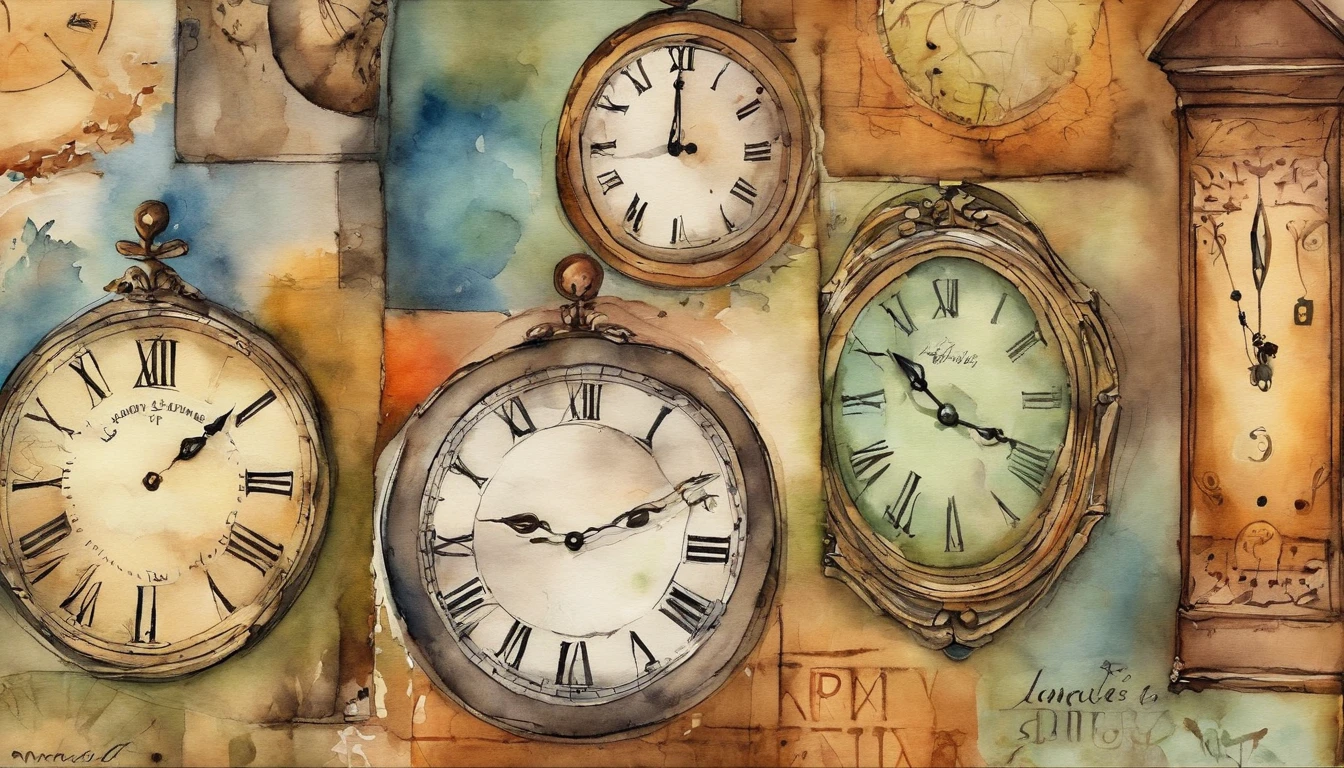 Close-up of the wall of a clock with various designs, Beautiful design、Beautiful colors、10 watches, Round clock、Square clock、Vertical clock、Watercolor Touch,