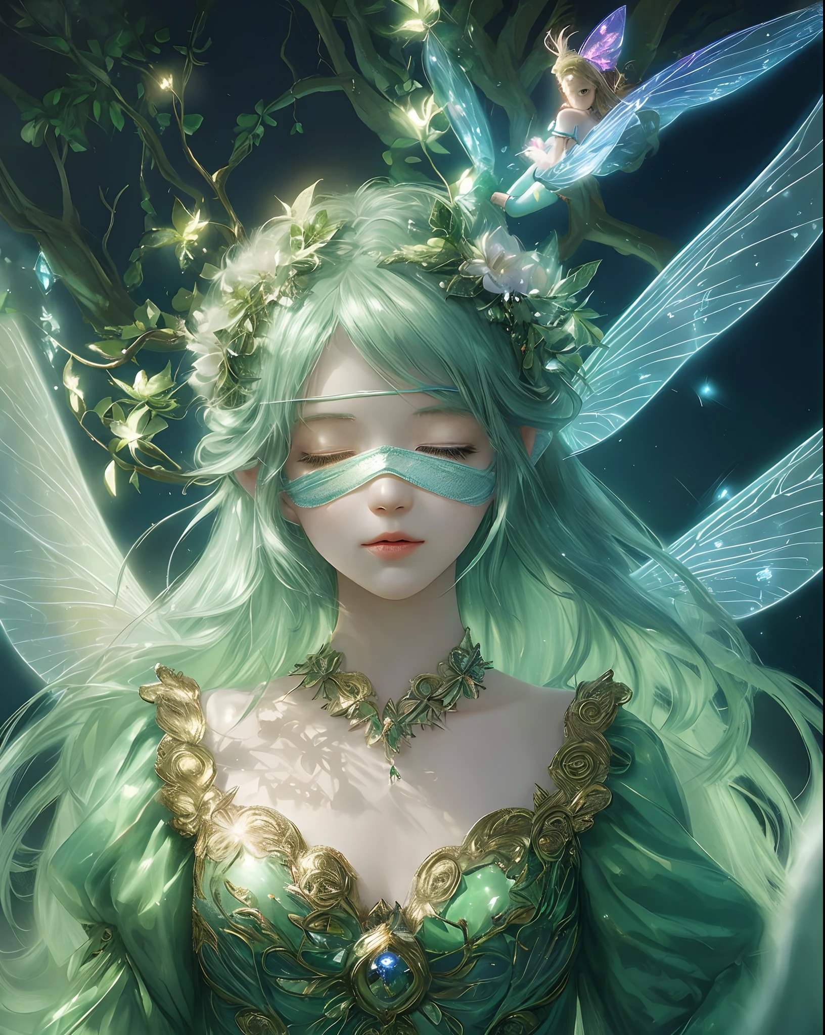 masterpiece, 1fairy, a flying female fairy, perfect face, light, glass tree forest, dramatic lighing,  blindfold, ultra detailed, floating glow lights, depth of field, (shining dust)