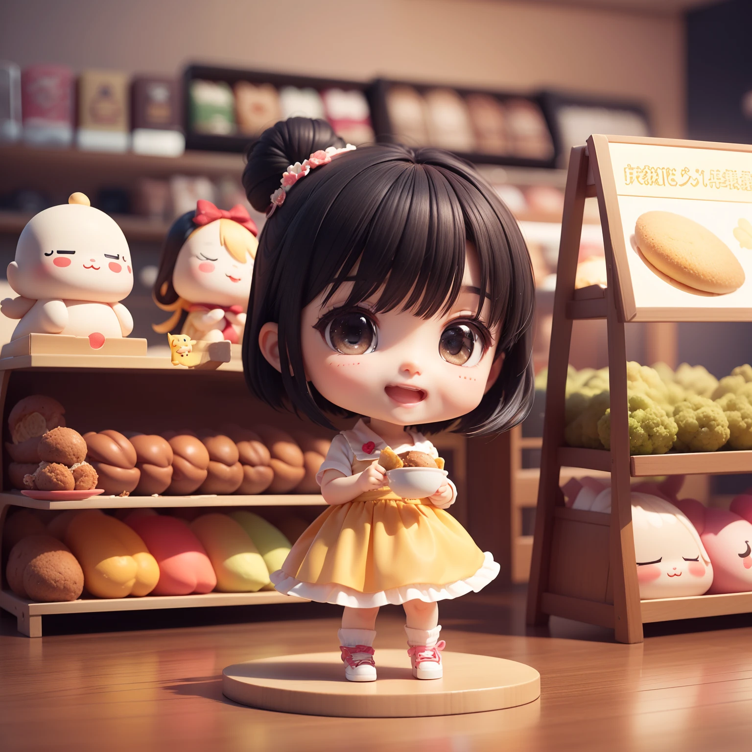 Cute Baby Chibi Anime、（((Chibi 3D）））（Best Quality），（masutepiece）、Chibi Food Shop、fashion modell、Black Hair Bob Hairstyle、Open your mouth and smile、a small face、Standing、