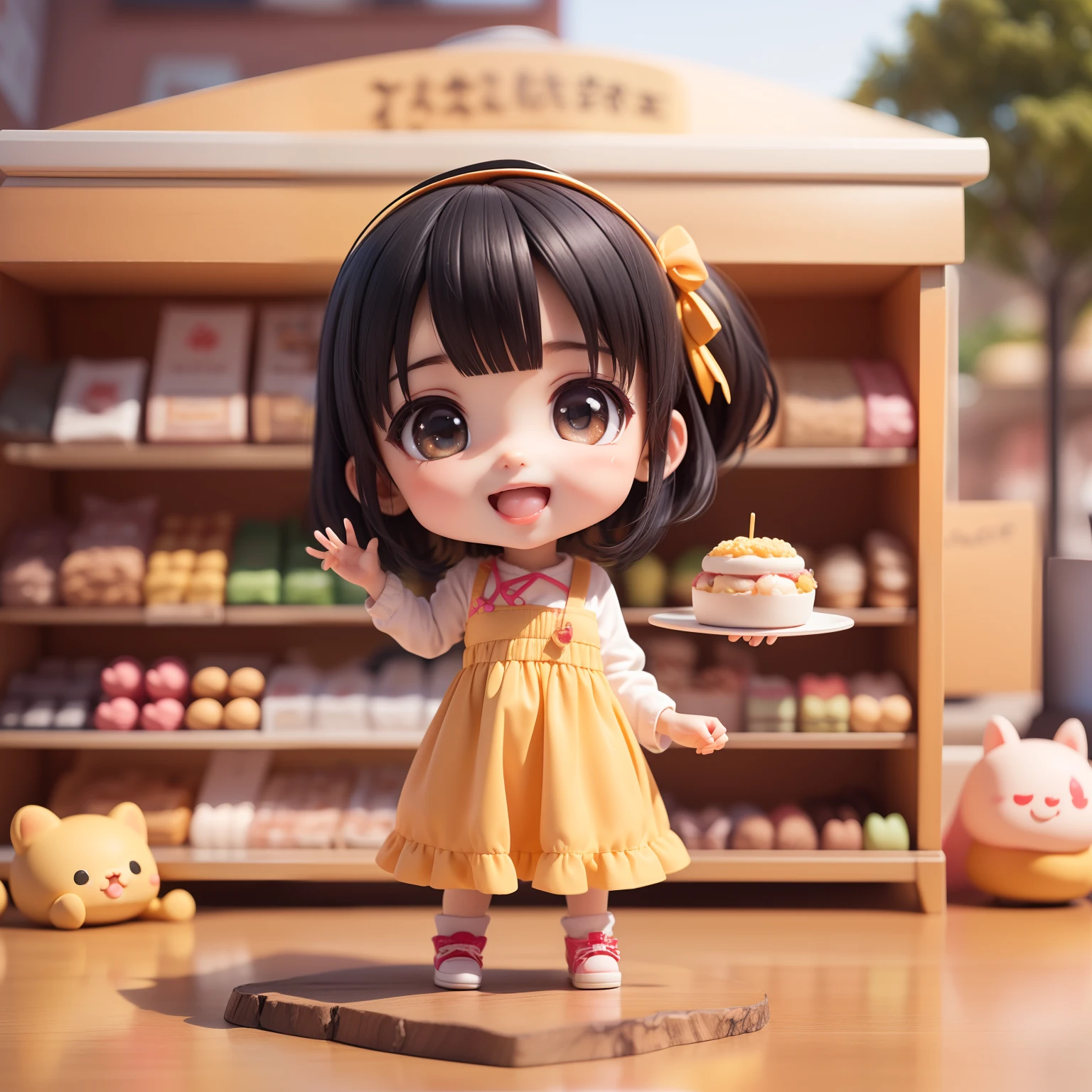 Cute Chibi Anime、(((Chibi 3D)))(Best Quality),(masutepiece)、Chibi Food Shop、fashion modell、Black Hair Bob Hairstyle、Open your mouth and smile、a small face、Standing、