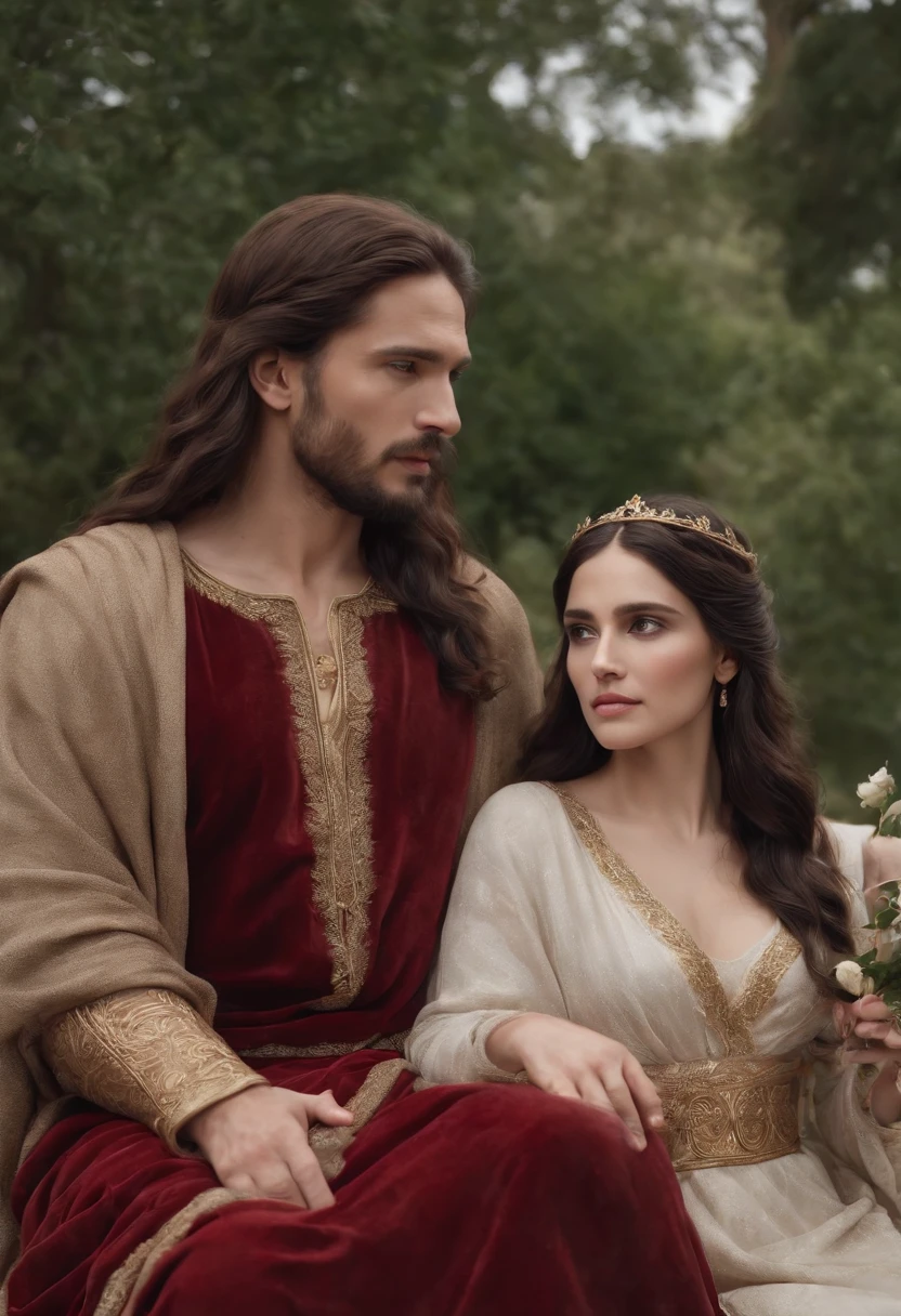 create a realistic, extremely comfortable, wedding scene of Mary Magdalene and Jesus Christ, positioned facing each other. Mary Magdalene in a long, red dress with a bouquet of red roses in her hand with a beautiful golden crown on her head. Jesus is receptive with a serene look in front of him. master piece, best quality, extremely detailed, Cinematic Lightning, intricate details, tall, Official Art, finely detailed high resolution illustration, 8k, depth of field, realism, couple, holy union of Jesus and Mary Magdalene, Mary Magdalene with black hair and ruby ​​eyes, long black hair, deep ruby ​​eyes, beautiful sacred landscape, sacred and golden temple scenery, full body, a look at each other