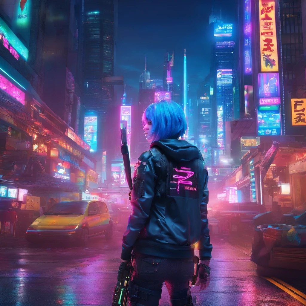 Handsome Japan girl, Blue hair, Sharp eyes, Clear facial features, wearing hoodies, battle posture, sniper, Holding a gun, Holographic Reality, Holographic Halo, Motion Blur, Game Light Effects,  head phone, edge light, Soft light, movie edge light, Delicate Light,   epic composition, Super HD, High quality, Highest Quality, 32K