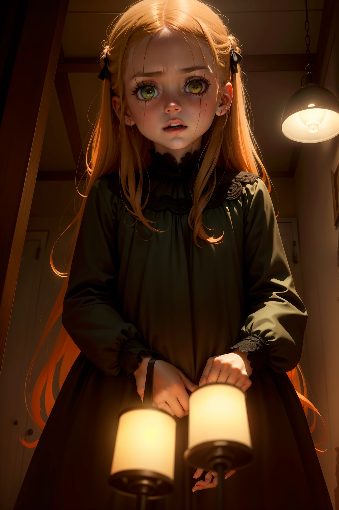 Arte ultra realista para capa de livro, alta resolução,fundo preto, a -yead girealistic and green eyes the girl is small is six years shades of orange in straight hair drained of so straight long long hair huge huge green eyes emerald green she is terrified with fear she wears an old and old dress is under the yellow light of a candle in an old fallen lamp knocked to the ground the candlelight is weak and very yellow the Fear and the expression of fear on the girl's face is sharp minimalist details of roto eyes and expression details of the lamp and yellowish light details of total darkness background black background the fear is sharp, Terror and suspense Fog around Fog around the lamp sucks the fog into it hides from a monster Has tears in its eyes Hide from something under the bed Under the bed There's something There's a monster with red eyes and sharp claws is in the dark and curious about the darkness
