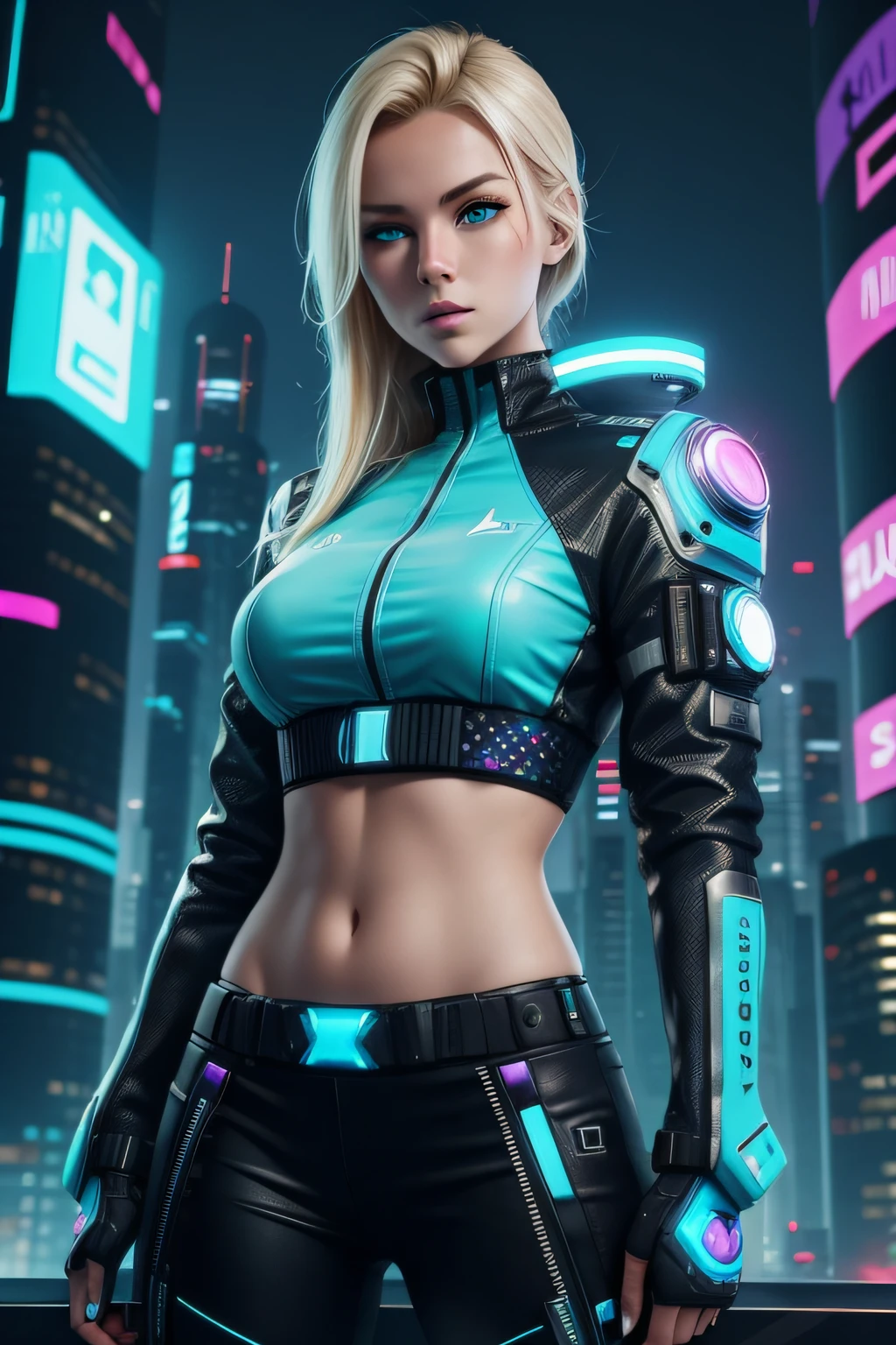 fille, Blonde, yeux turquoise, futuriste, Cyberpunk, Arme de maintien, Background of the skyscraper