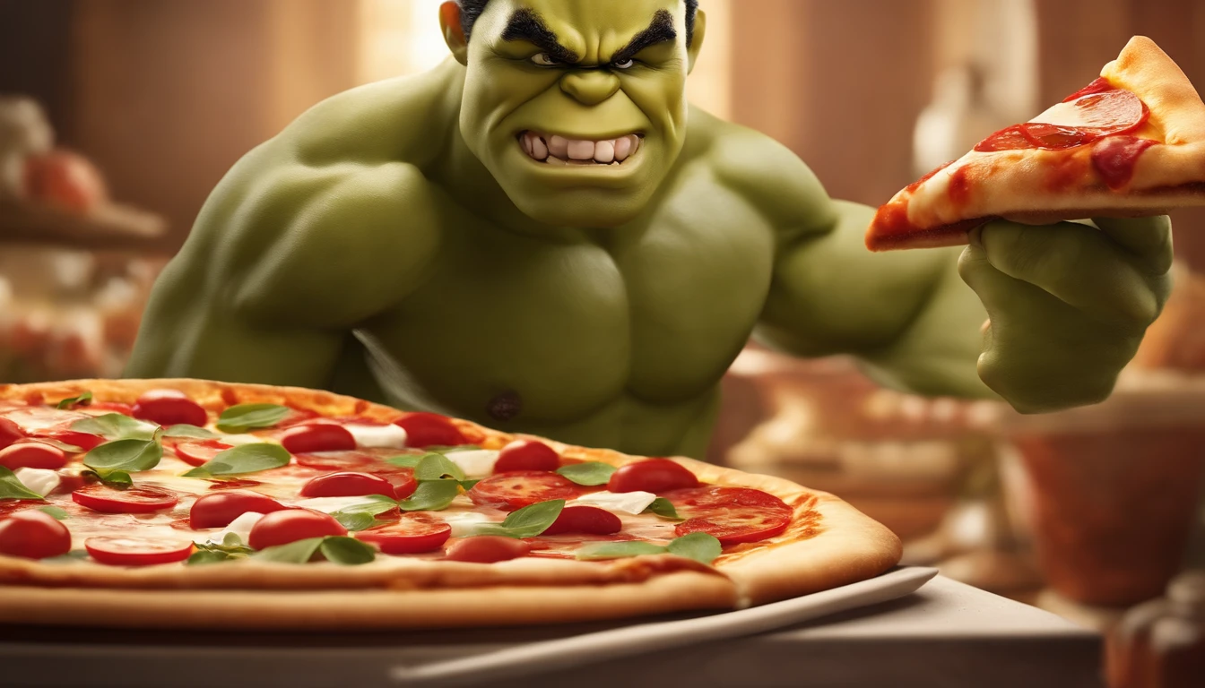Como o Hulk,((comendo pizza ) comendo uma fatia de pizza, segurando uma pizza, pizza advert, segurando pizza, funny professional photo, Epic photo, apresentando pizza, comendo uma pizza, stock photo The visual detail of the 8K is apprehended to the extreme,HD delicado,Facial expressions are well represented,The details of the eyes are realistic and pious,The details of the suit are meticulous,A fusion of the unique style of Marvel and DC,Visuais ultrarrealistas,Dynamic composition of the film,amazing detail,The image is sharp and clear,The details are exquisitely detailed,A luz da noite cria perfeccionismo,Estilo realismo premiado,Efeito de luz mal-humorado,comendo pizza incrivelmente suculenta propaganda de comida, monstro fofo de pizza