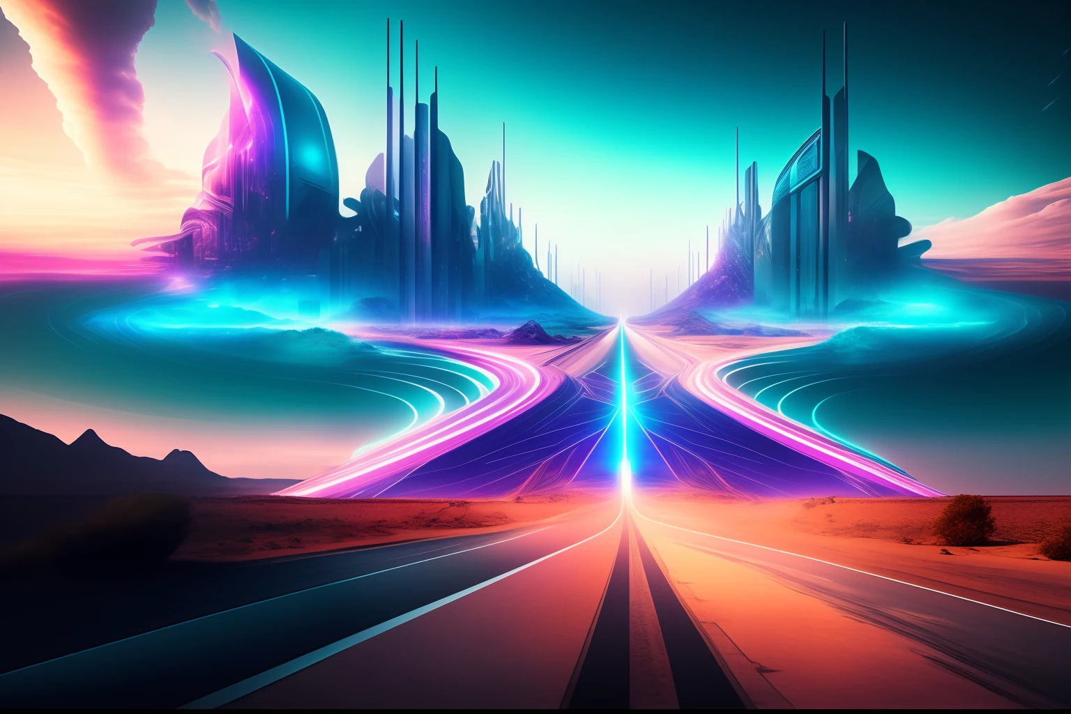 dreamlikeart, photo realistic, electric spectaculars, mirage of future city, straight road toward back, 8K, highly detailed, extreme coloring, spiritual, upside down