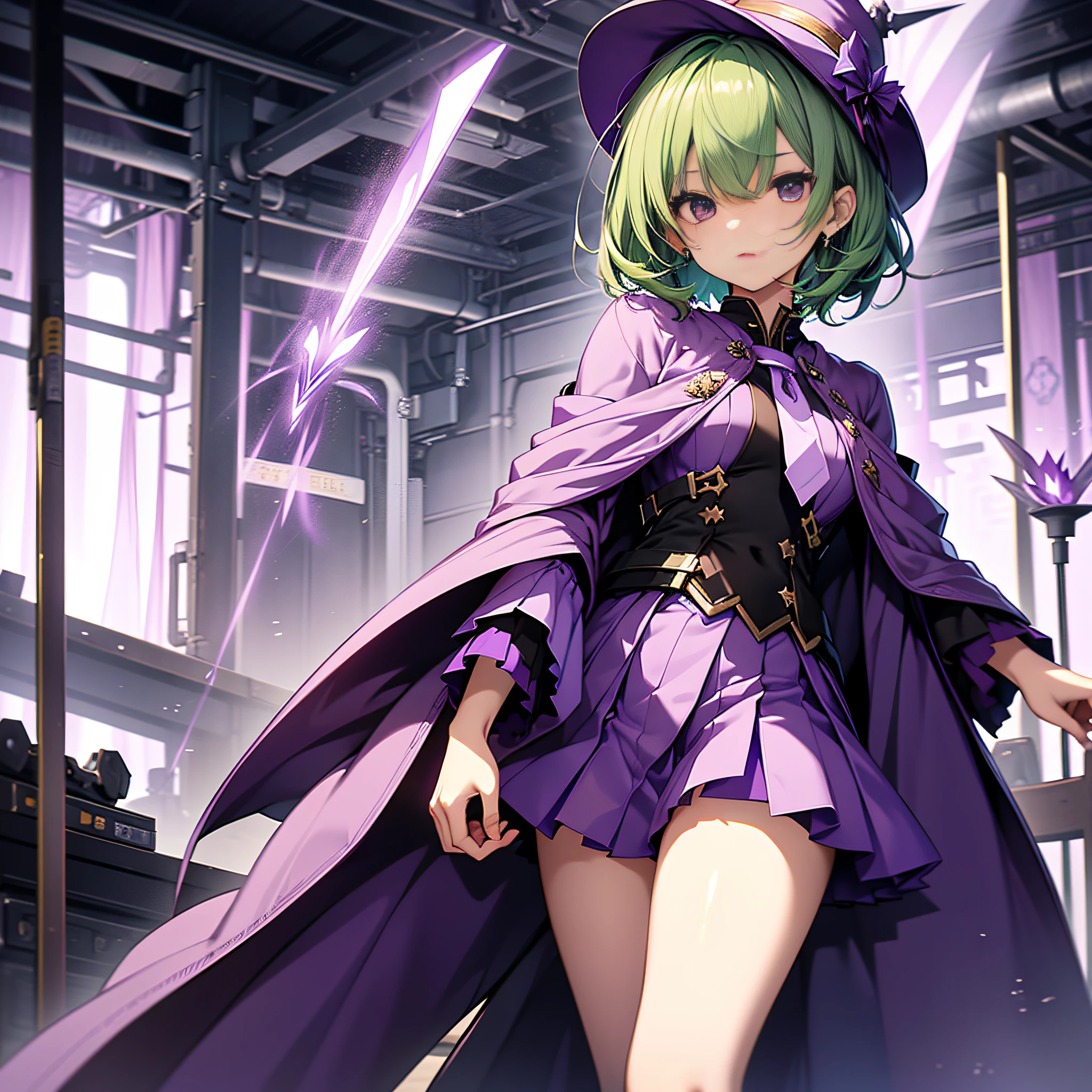 top-quality、extremely delicate and beautiful、(A teenage girl)、Purple Eye、Green hair、short-haired、(Purple pointy hat)、Purple tie、Soio、shortsleeves、Purple skirt、Purple Wizard Robe、Navel、is standing