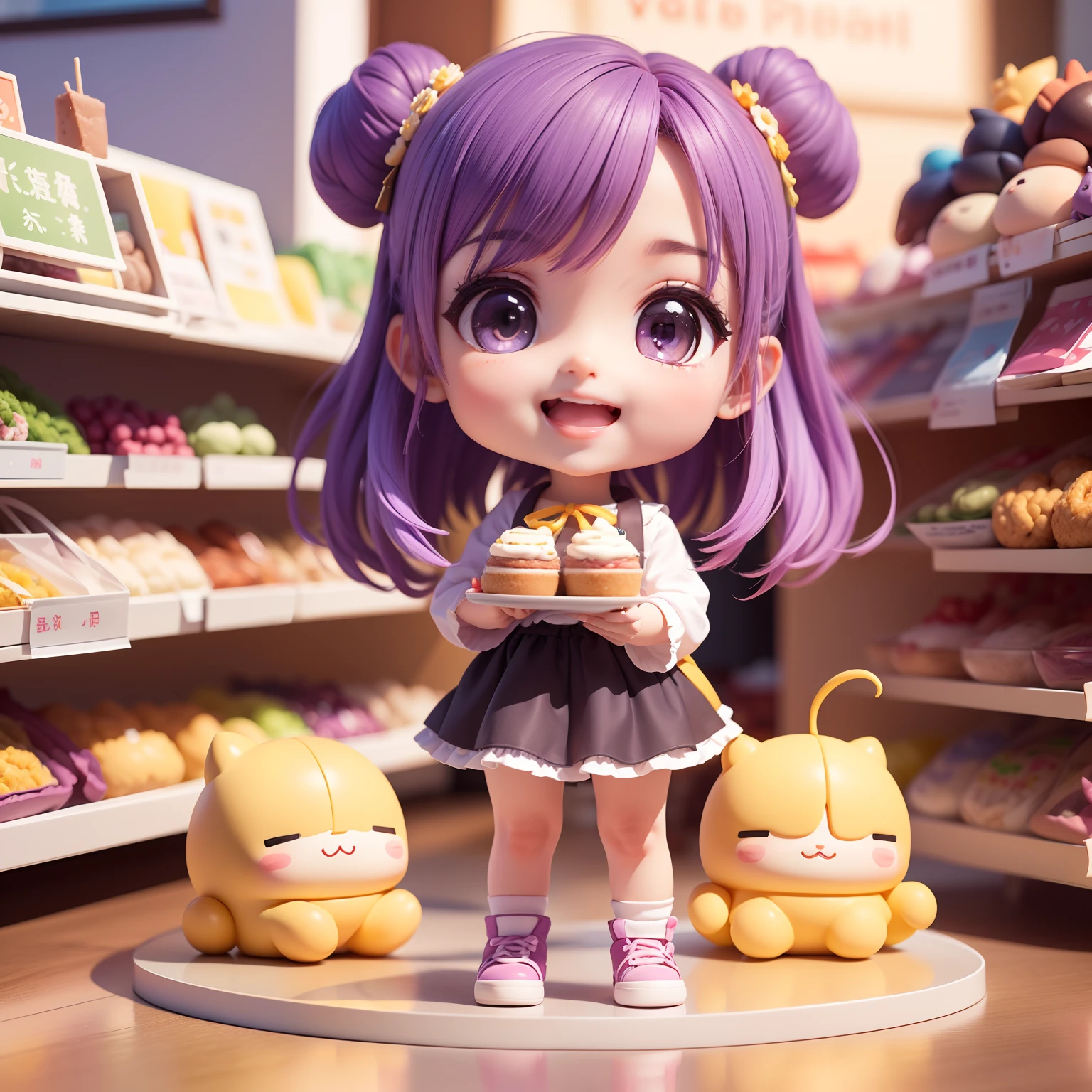 Cute Baby Chibi Anime、(((Chibi 3D)))(Best Quality),(masutepiece)、Chibi Food Shop、fashion modell、Purple Hair Bob Hairstyle、Open your mouth and smile、a small face、Standing、