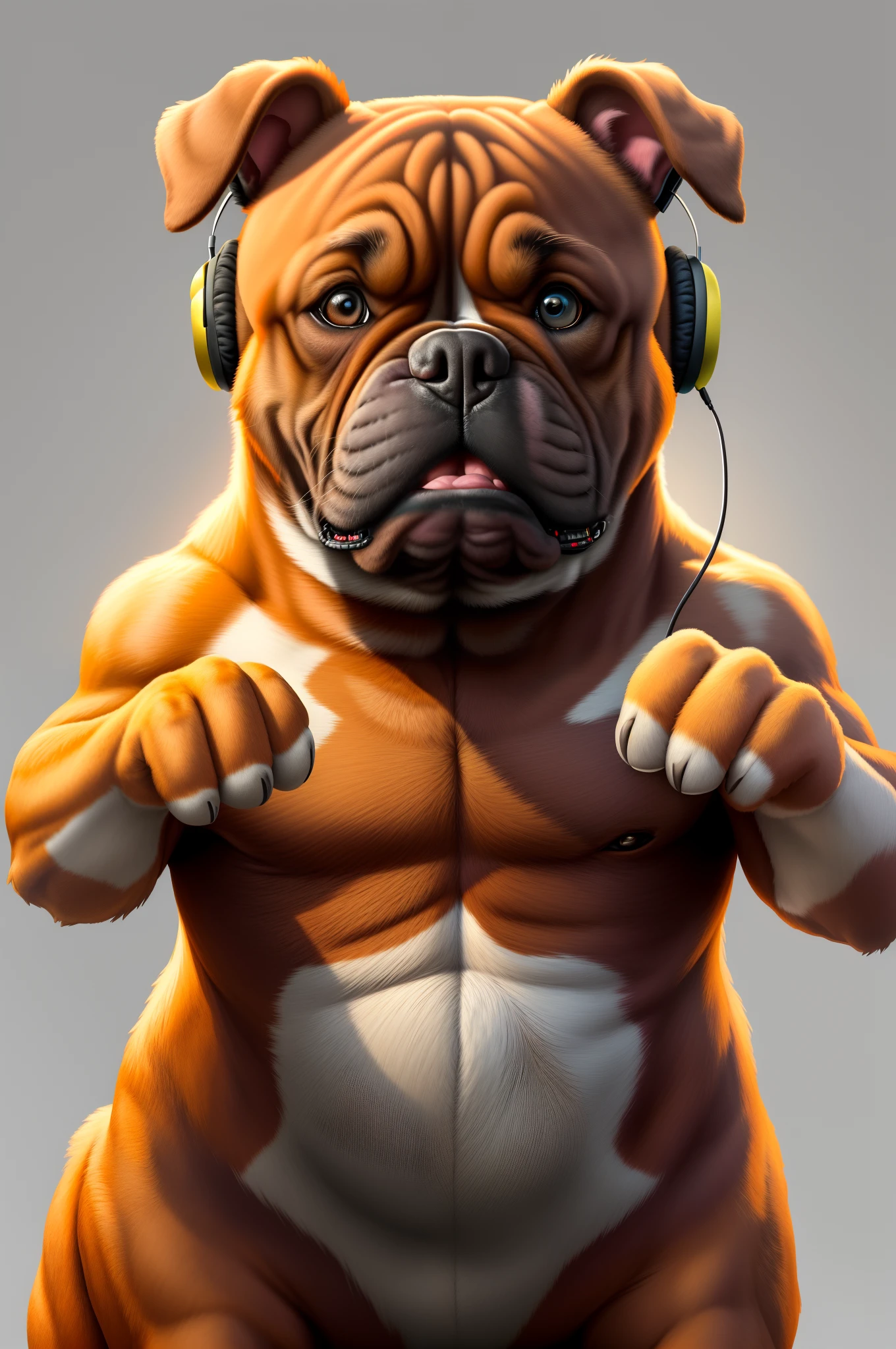 "(best quality,highres,ultra-detailed), boxer dog,headphones,fat,funny expression,enjoying music,artistic interpretation,photo-realistic,soft light,vivid colors"