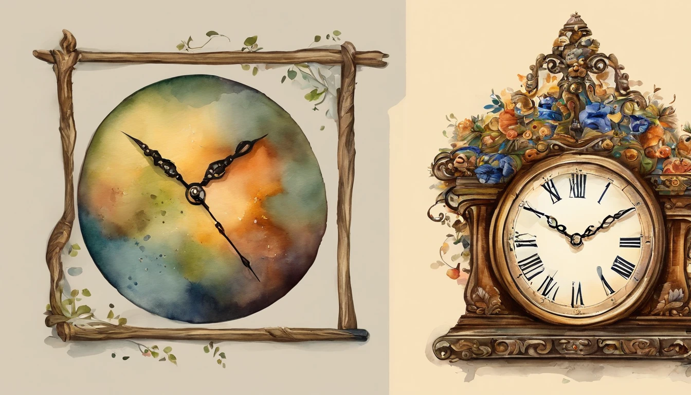 There are many clocks hanging on the wall, Watches with beautiful designs、Beautiful colors、10 watches, Round clock、Square clock、Vertical clock、Watercolor Touch,