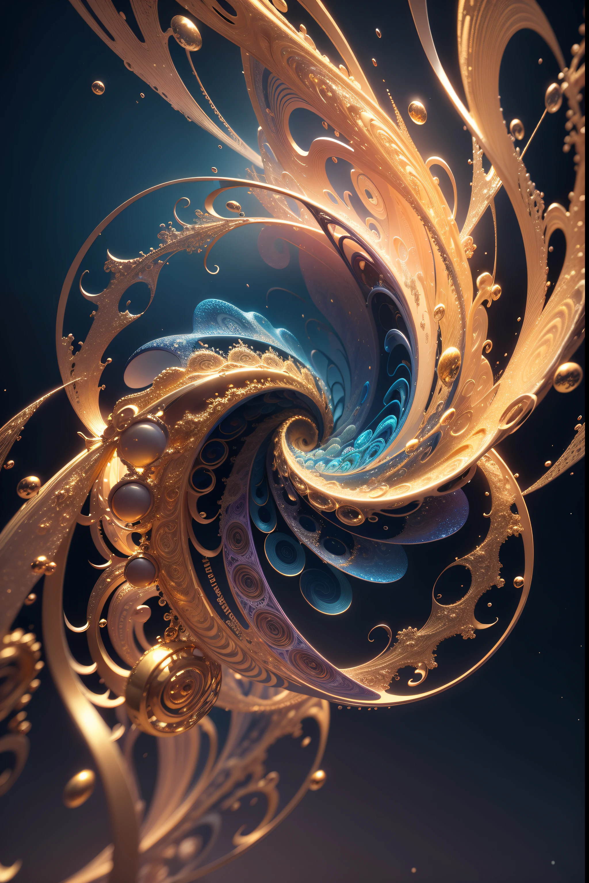 a close up of a golden and blue swirl with bubbles, digital art inspired by Mike Winkelmann, trending on pixabay, digital art, gold fractal details, silver gold fractal details, beautiful composition 3 - d 4 k, background artwork, 4k highly detailed digital art, 3d digital art 4k, fractal render, rendered art, abstract 3 d artwork