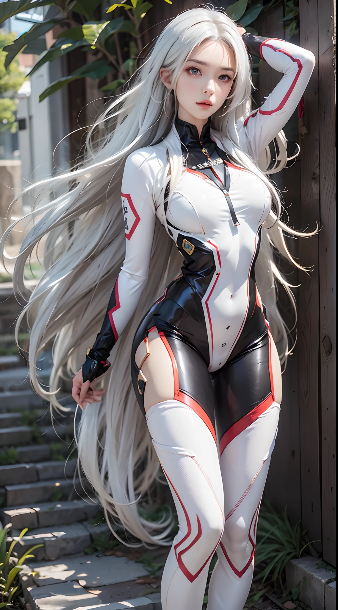 Photorealistic, high resolution, 1 woman, full body, Beautiful eyes, Long hair, ringed eyes, white hair, jewelry, yui takamura, bodysuit