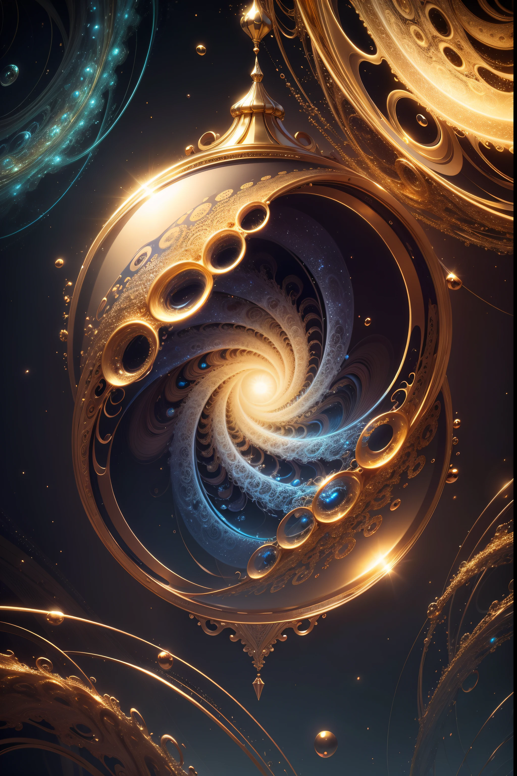 a close up of a golden and blue swirl with bubbles, digital art inspired by Mike Winkelmann, trending on pixabay, digital art, gold fractal details, silver gold fractal details, beautiful composition 3 - d 4 k, background artwork, 4k highly detailed digital art, 3d digital art 4k, fractal render, rendered art, abstract 3 d artwork