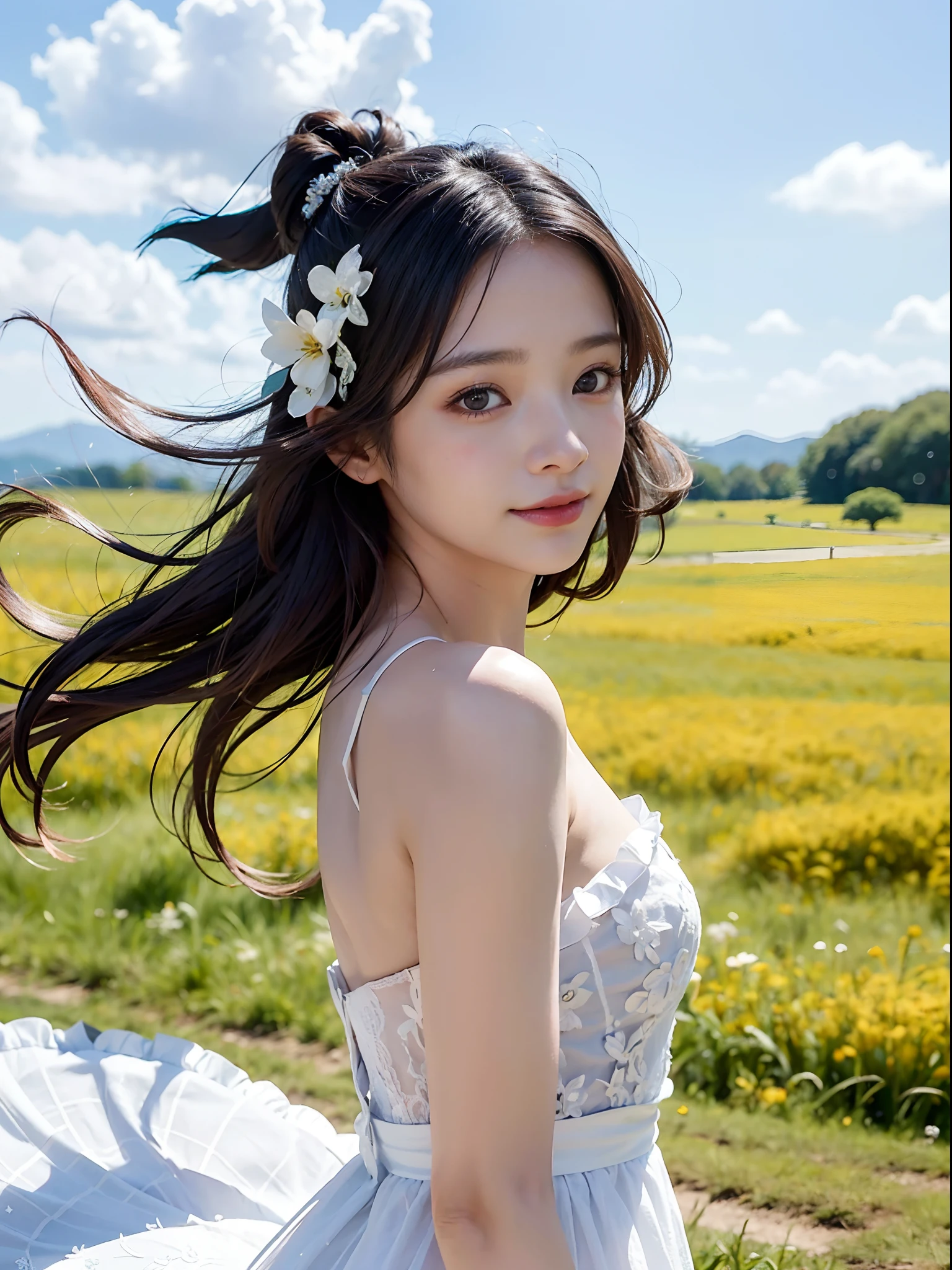 ​masterpiece, realisitic, surrealistic, top-quality, camera photo､ length hair, A dark-haired, Hair that flutters in the wind, Sleeveless, Dresses made of knitted material,  full body Esbian,From Side, (A smile), the wind, Raw photography, Delicate, (intricate-detail:1.3), Hyper-detailing, finely detail, colourfull, darker shadows, 1girl in, 独奏, 8K UHD, film grains, (Photorealsitic:1.3), (More skin:1.2), Beautiful details, Skin Texture, rays of sunshine, grass field、florals、(Petals in the sky、Falling petals、)