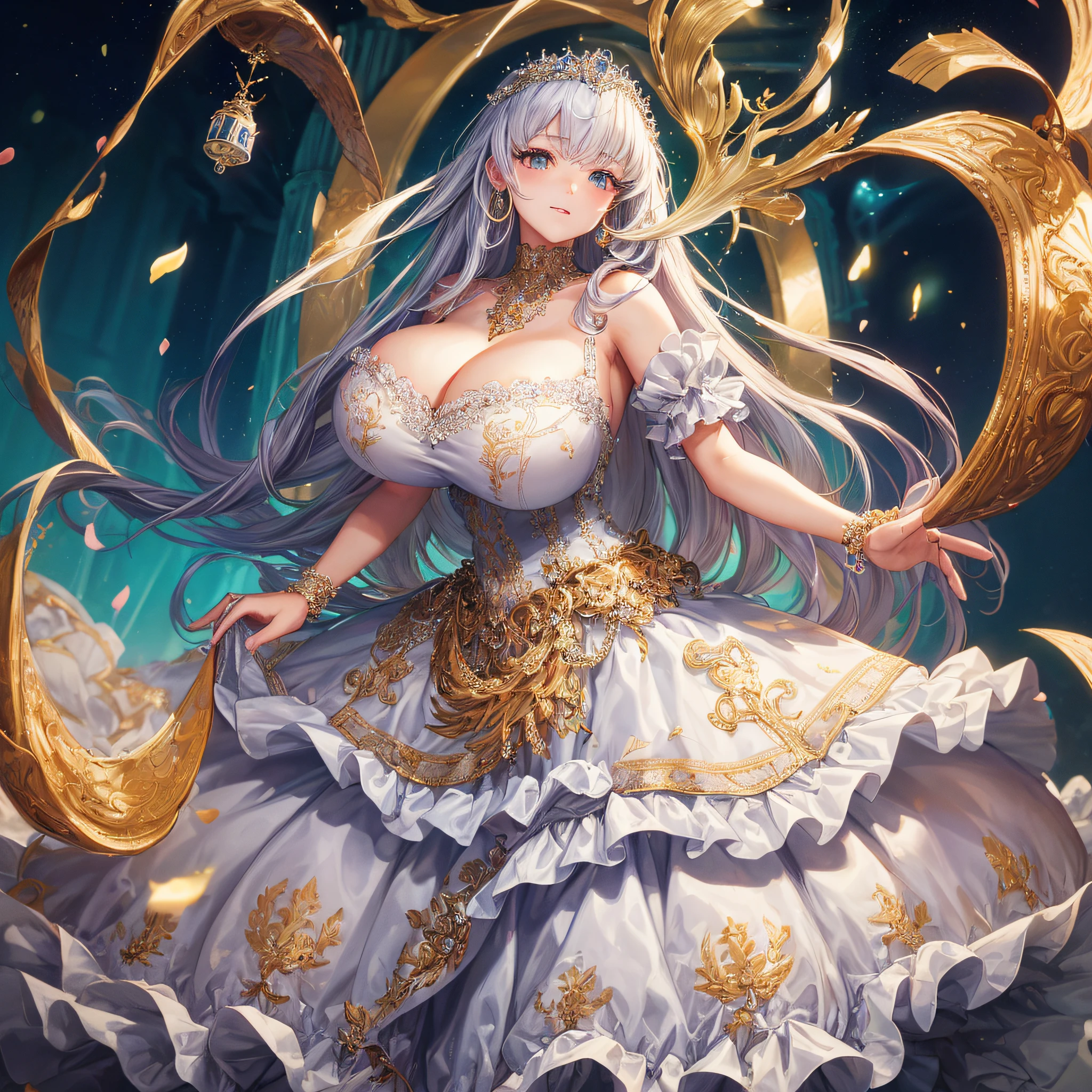 (masterpiece, best quality,extremely detailed:1.1),(moe anime art style:1.2),1girl,full body, ((solo)), cute, kawaii,digital art,((1 bling-bling anime princess wearing beautiful embroidery and jeweled ruffled gorgeous princess ballgown with voluminous full length hoop skirt)),((crinoline)),long train,voluminous frills,(gorgeous embroidery and beautiful lace),((very gigantic boobs,skindentation)),cleavage,((shiny hair,very long straight hair)),((finely detailed face and eyes)),clear pupil,extremely gorgeousfull hair ornament,(bling-bling jeweled extremely gorgeousfull tiara),(bling-bling gorgeous gemstone jewelry),long veil,((beautiful background,fantasy)),flowers,flower petals flowing,full body,looking away,((beautiful embroidery and jeweled ruffled gorgeous princess ballgown with voluminous full length hoop skirt))