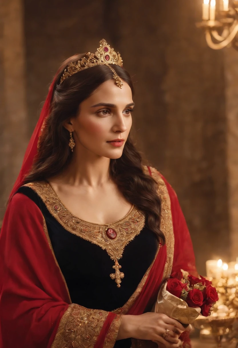 create an extremely sacred scene, scene of sacred union of Mary Magdalene and Jesus Christ, positioned facing each other. Mary Magdalene with olive skin tone, in a long, red dress with a bouquet of red roses in her hand, containing an elegant golden crown on her head. Jesus with dark skin tone, being receptive and with a serene look in front of him. master piece, best quality, extremely detailed, Cinematic Lightning, intricate details, high, Official Art, extremely detailed high resolution illustration, 8k, depth of field, realism, couple, holy union of Jesus and Mary Magdalene, Mary Magdalene with black hair and ruby eyes, long black hair, deep ruby eyes, beautiful sacred landscape, Sacred and golden temple scenery, full body, one looking at each other, full body
