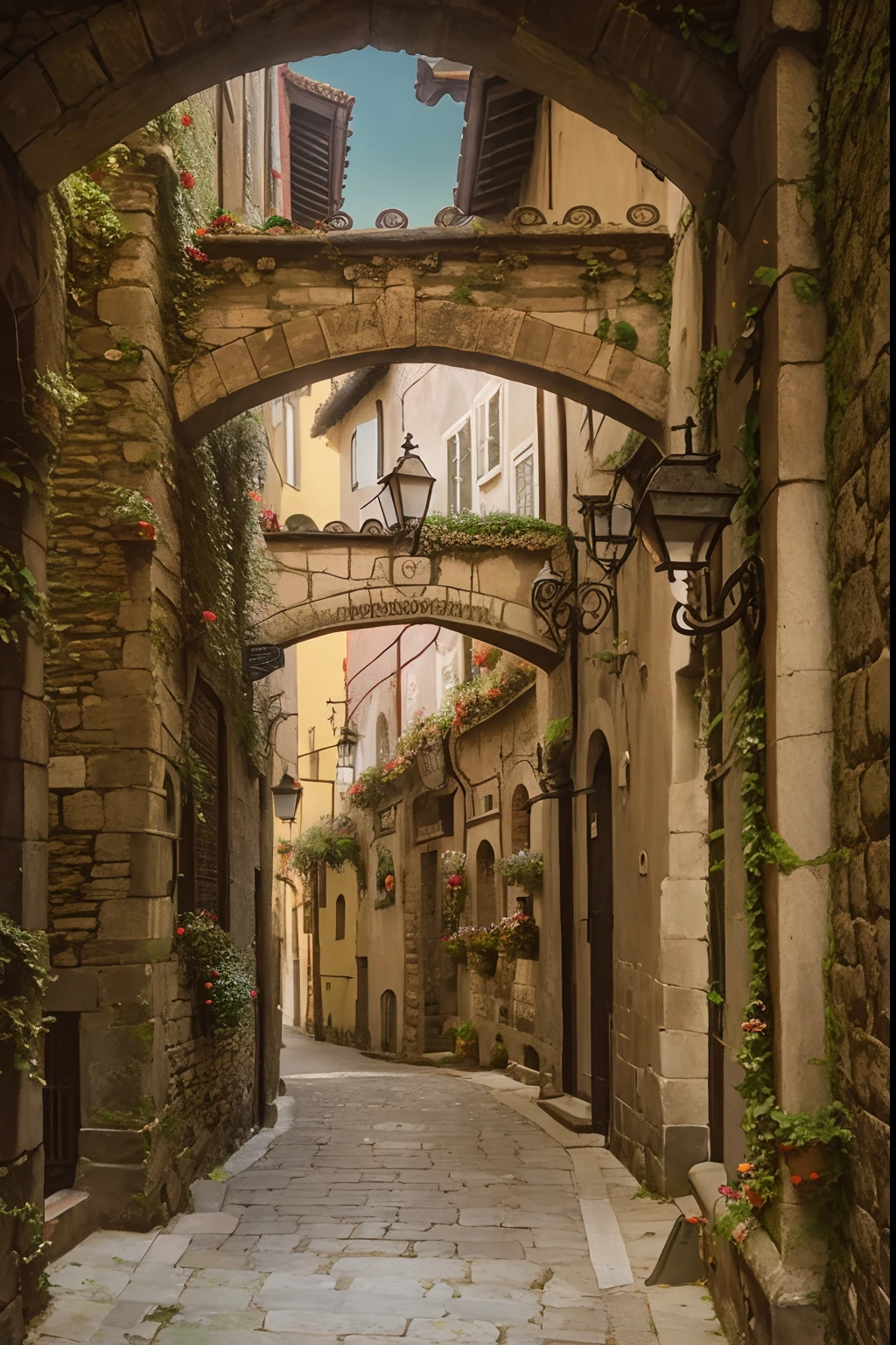 an ancient road in the city center during afternoon, green ivy climbing on walls, buttresses, photograpy hyperrealism,