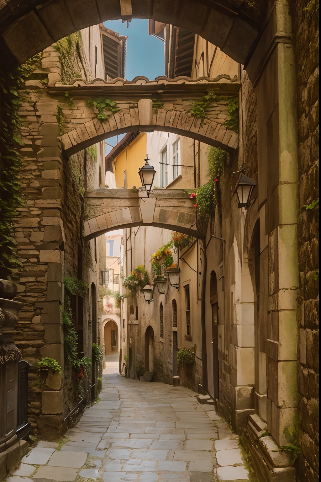 an ancient road in the city center during afternoon, green ivy climbing on walls, buttresses, photograpy hyperrealism,