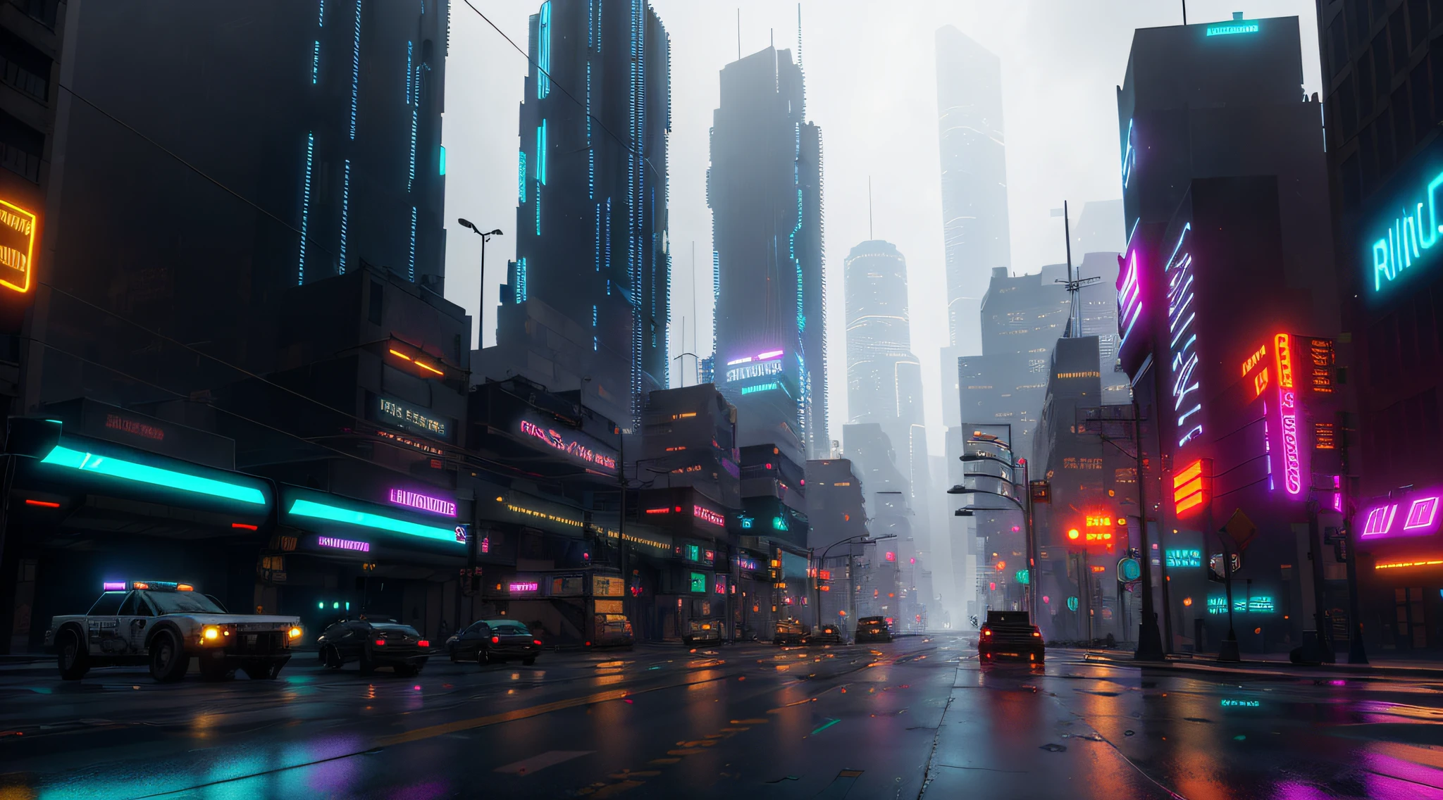 Avenida amplia de la Ciudad de Los Angeles, cyberpunk city from the science fiction film Blade runner, niebla, hiperdetallado, realista, ultrarrealista, alta calidad, ultra detalle, detalle loco, Foto realism, 8k