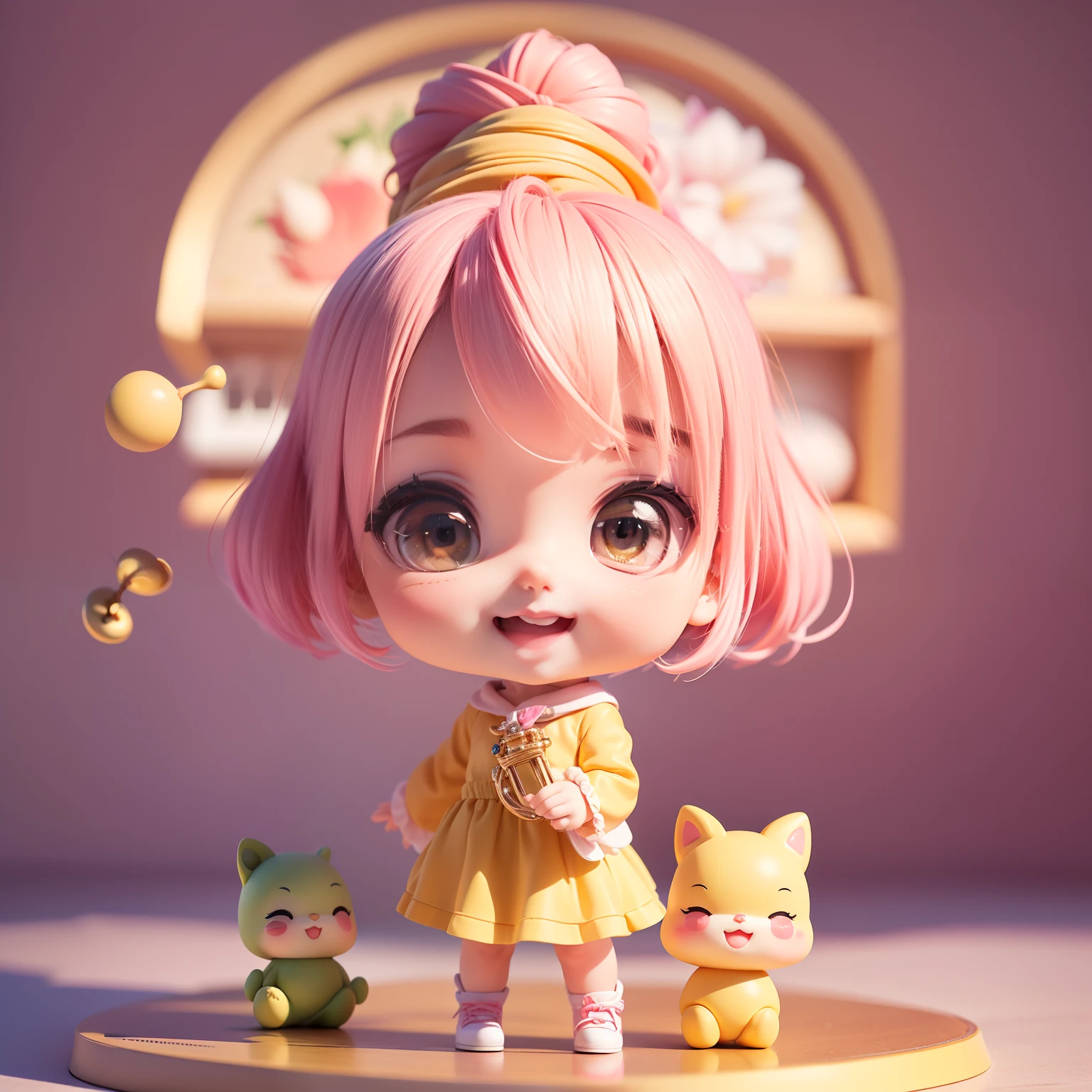 Cute Baby Chibi Anime、(((Chibi 3D)))(Best Quality),(masutepiece)、Chibi Musical Instrument Shop、fashion modell、Yellow-pink bob hairstyles、Open your mouth and smile、a small face、Standing、♬ 🎼