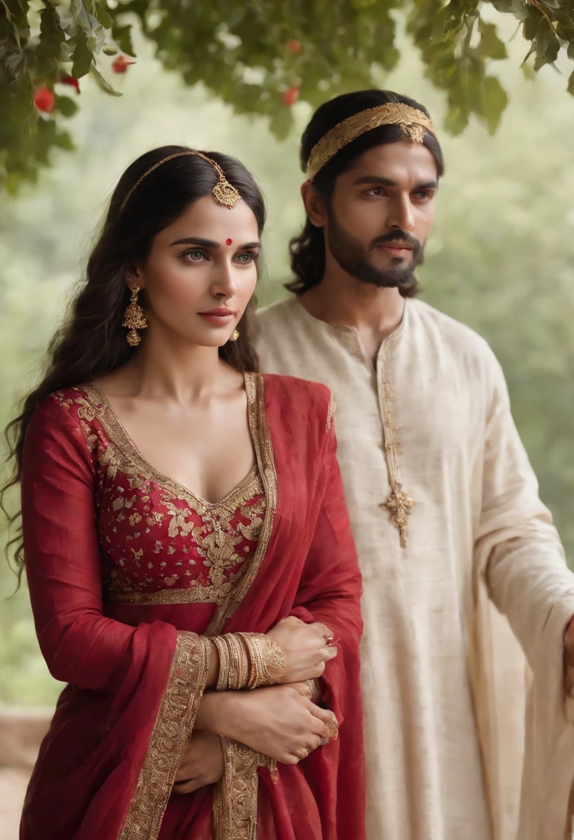 Create an extremely sacred scene, scene of the sacred union of Mary Magdalene and Jesus Christ, positioned facing each other. Mary Magdalene with features of Hindu descent, In a long, red dress with a bouquet of red roses in her hand, containing an elegant golden crown on her head. Jesus with characteristics of Hindu descent, being loving and receptive and with a serene look in front of him;. master piece, best quality, extremely detailed, Cinematic Lightning, intricate details, Highest, Official Art, extremely detailed high resolution illustration, 8k, depth of field, realism, pair, holy union of Jesus and Mary Magdalene, Mary Magdalene with hair black and ruby eyes, long black hair, deep ruby eyes, beautiful sacred landscape, Sacred and golden temple scenery, full body, one looking at each other, full body