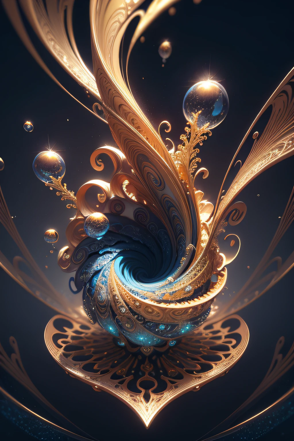 a close up of a golden and blue swirl with bubbles, digital art inspired by Mike Winkelmann, trending on pixabay, digital art, gold fractal details, silver gold fractal details, beautiful composition 3 - d 4 k, background artwork, 4k highly detailed digital art, 3d digital art 4k, fractal render, rendered art, abstract 3 d artwork