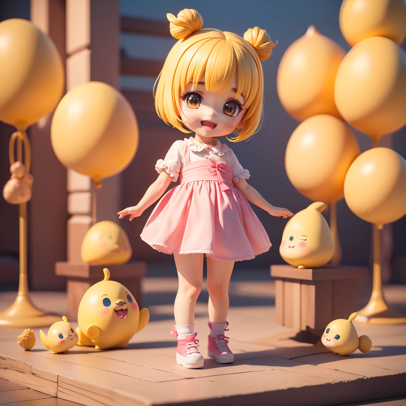 Cute Baby Chibi Anime、（((Chibi 3D）））（Best Quality），（masutepiece）、Chibi Musical Instrument Shop、fashion modell、Yellow-pink bob hairstyles、Open your mouth and smile、a small face、Standing、♬　🎼