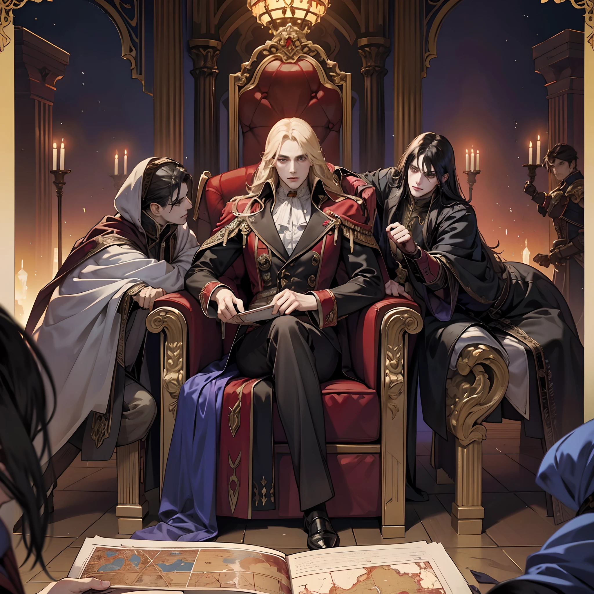 Castlevania Shadow Lord handsome Muscular Lord Dracula in the throne room with his soldiers looking into Map of Conquest discussing old scenes from cinematic scrolls movie Epic legendary perspective
