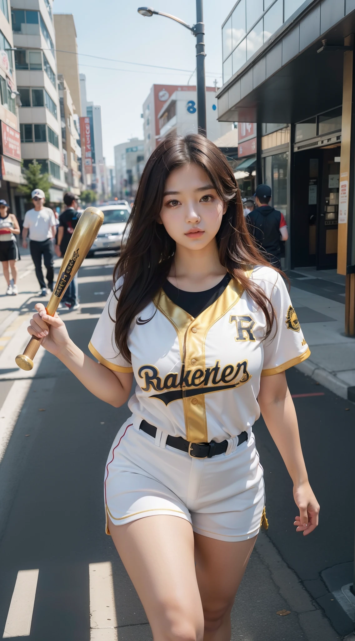 ((8k:1.27), best quality, masterpiece, golden ratio, ultra highres:1.2) Photo of cute idol girl (beautiful:1.1) (sci-fi warrior woman:1.1), cute japanese girl, 18 years old, fantasy, detailed, street photography, nikon camera, depth of field, medium hair, dark brown hair, wavy hair, solo girl, 1 girl, baseball uniform, big breast: 1.5, rounded breast, chubby body, full body photography, baseball shoes, use baseball gloves, hold baseball bat