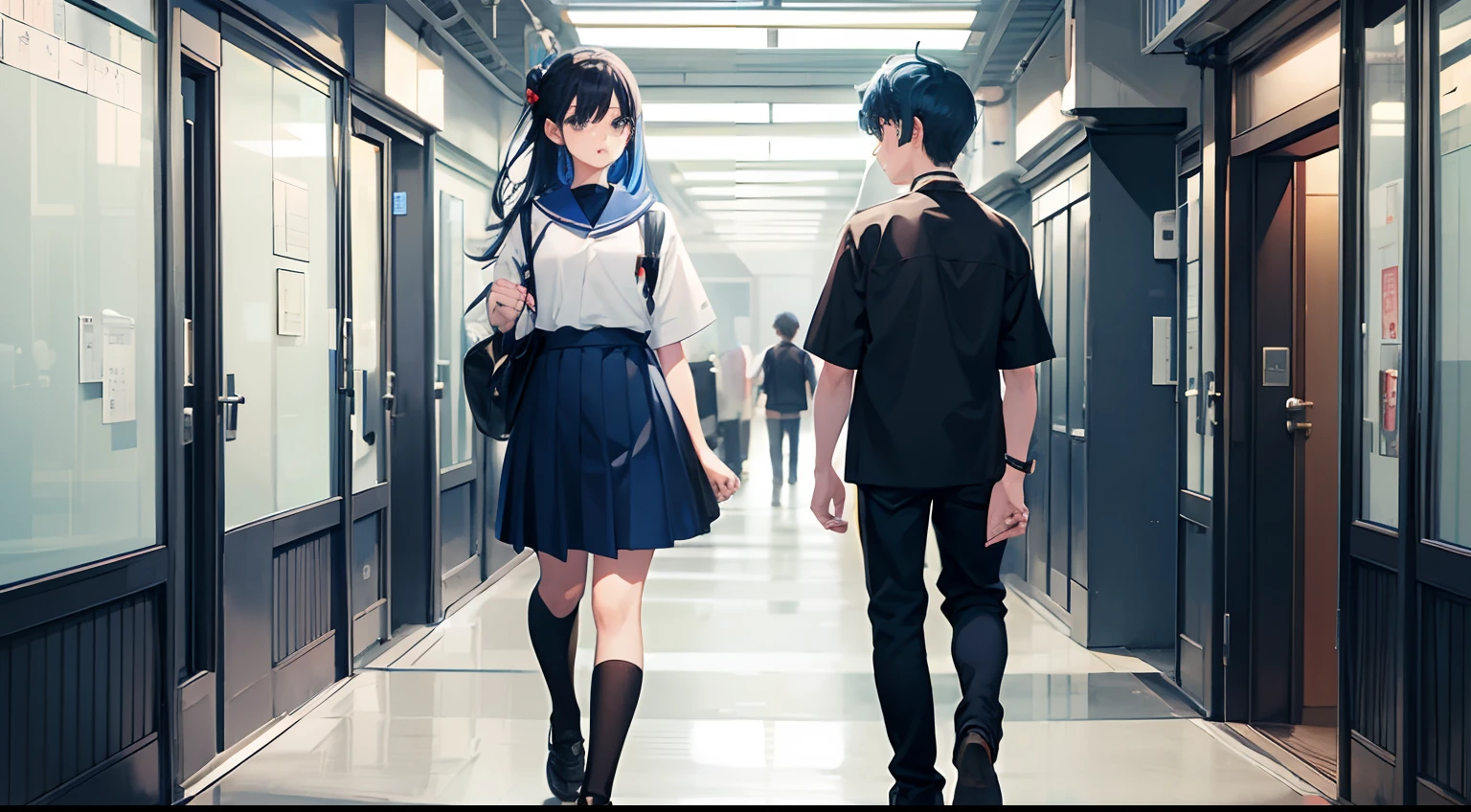 1 boy and 1 girl looking at each other, boy has blue hair, boy has black eyes, boy wearing Japanese school uniform, boy wearing jeans, boy wearing school shoes, boy with curious face, girl with long black hair, girl with blue eyes, girl wearing Japanese school uniform, girl wearing short skirt, girl wearing school shoes, girl with shy face, school hallway, ultrasharp, 8k, masterpiece