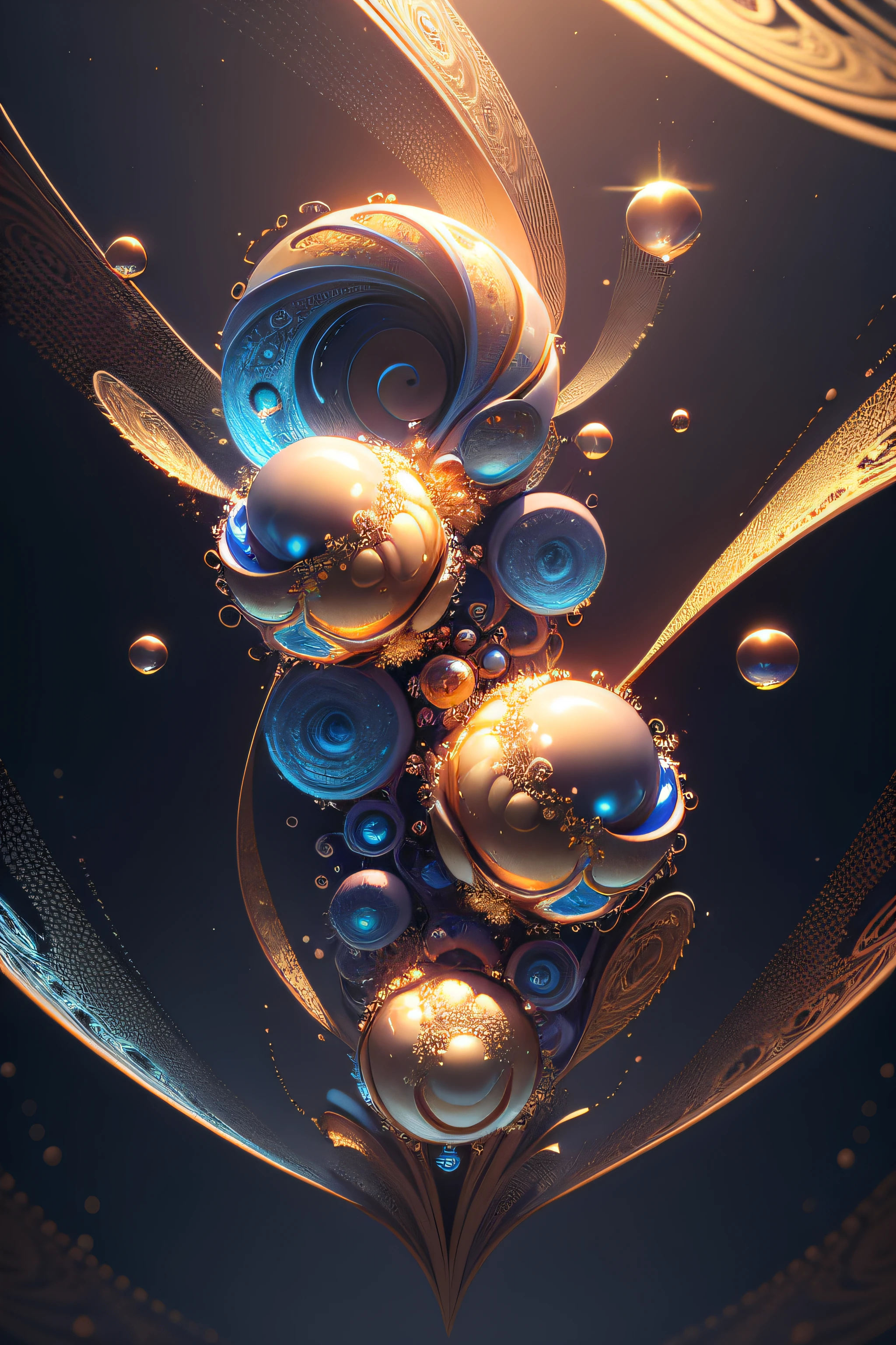 a close up of a golden and blue swirl with bubbles, digital art inspired by Mike Winkelmann, trending on pixabay, digital art, gold fractal details, silver gold fractal details, beautiful composition 3 - d 4 k, background artwork, 4k highly detailed digital art, 3d digital art 4k, fractal render, rendered art, abstract 3 d artwork