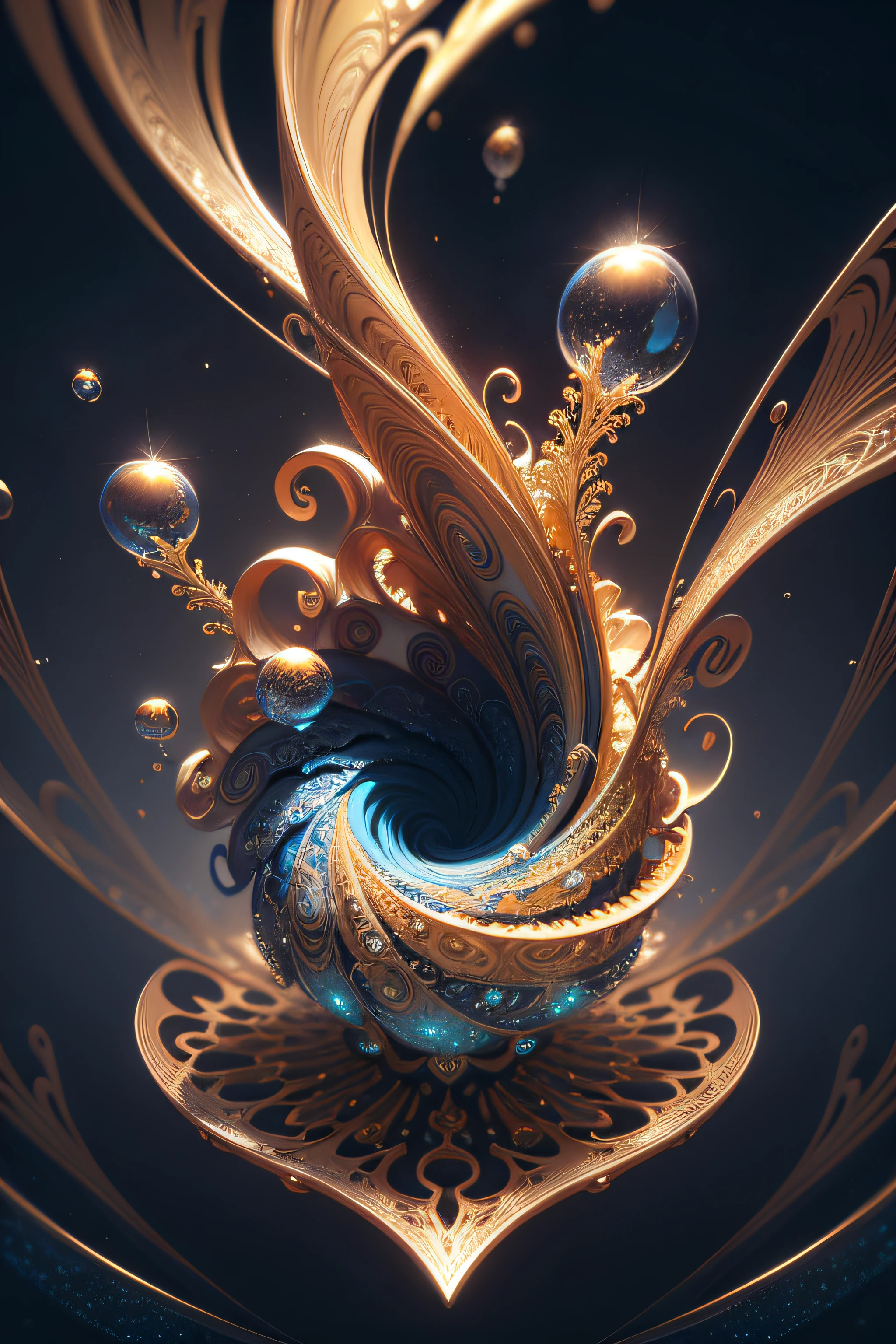 a close up of a golden and blue swirl with bubbles, digital art inspired by Mike Winkelmann, trending on pixabay, digital art, gold fractal details, silver gold fractal details, beautiful composition 3 - d 4 k, background artwork, 4k highly detailed digital art, 3d digital art 4k, fractal render, rendered art, abstract 3 d artwork