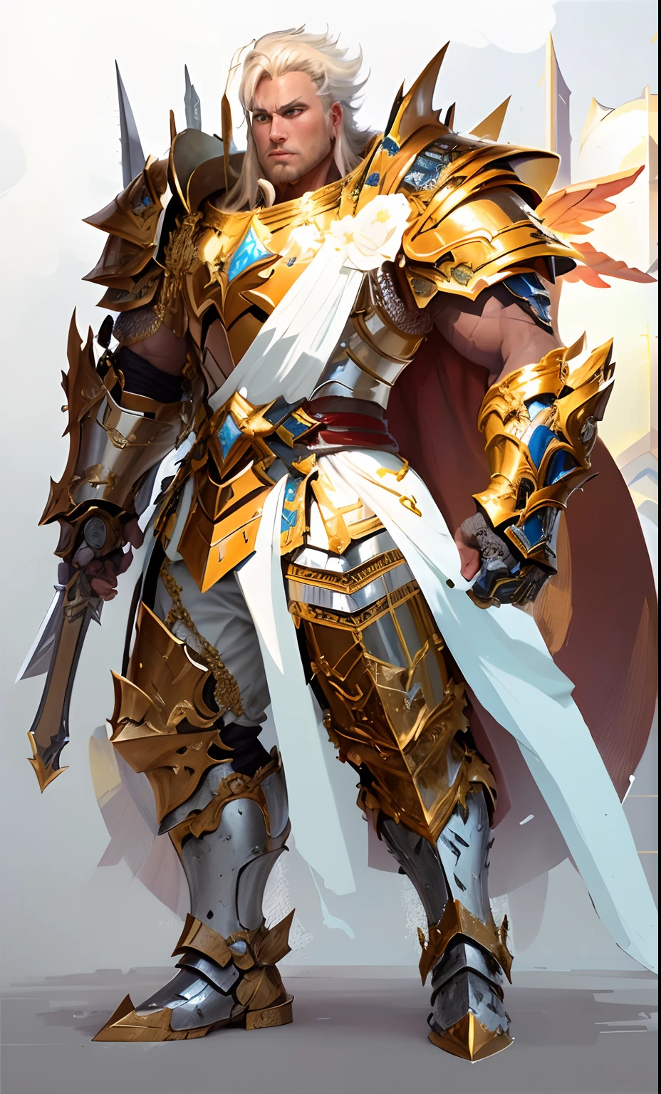 a close up of a man in armor with a sword, gold paladin, heavy white and golden armor, epic paladin armor, paladin golden armor, intricate white and gold armor, angelic golden armor, paladin armor, gold heavy armor. dramatic, golden armor wearing, golden armor, gold armor, golden armour, male paladin, heavy golden armour, god,