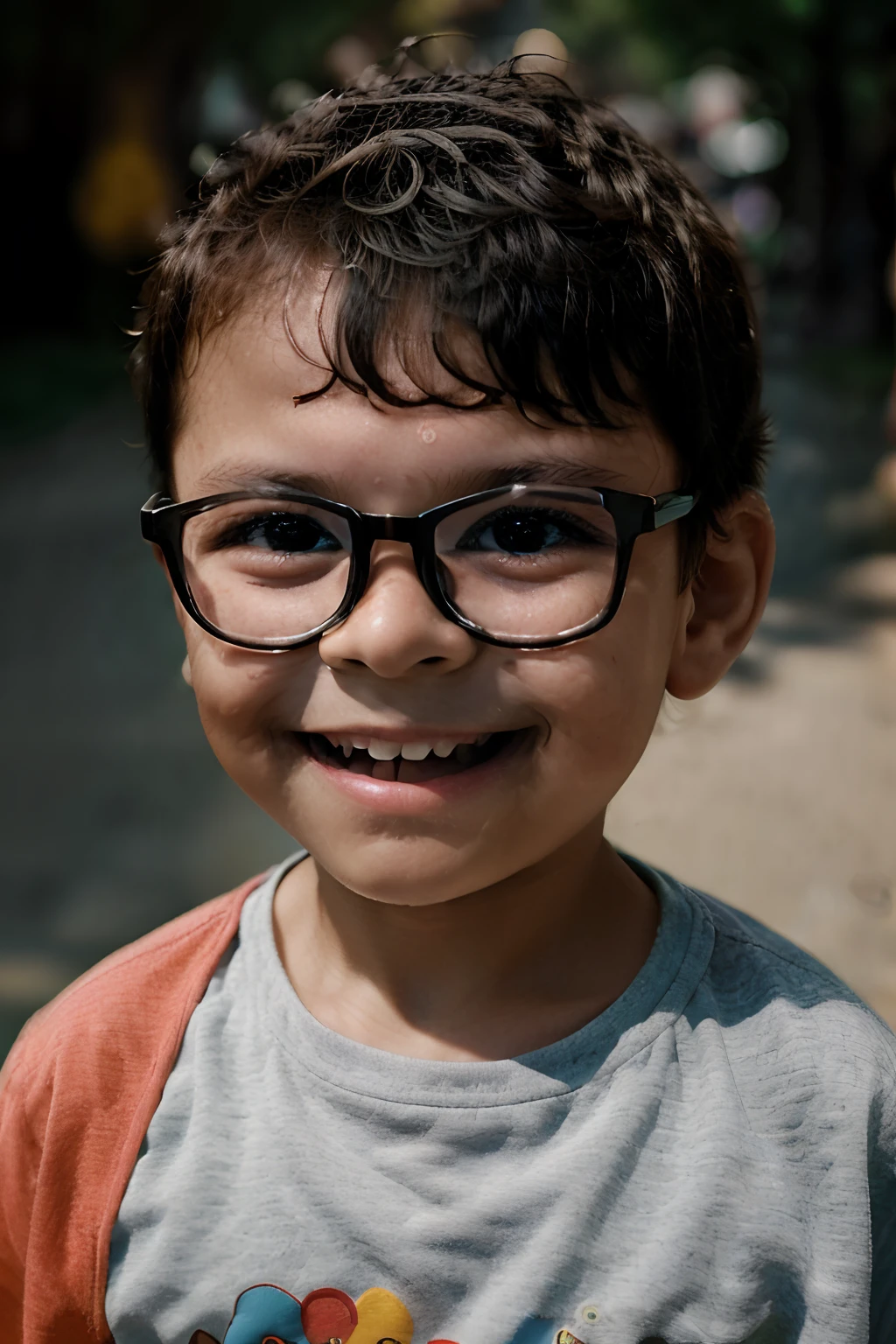 An adorable three-year-old boy with glasses, todo feliz e animado, Ele (((segura seu smartphone))) with a beaming smile as he looks directly into the camera. (((He's holding his smartphone close to his ear))), pois recebeu um chamado importante que o deixou cheio de alegria. The scene is extremely detailed, captured in an 8K photograph that highlights each expression, the details of the face and even the small reflections in the boy's eyes. The background is too blurry to give full emphasis to the boy, making you the focal point of the image and conveying all your happiness and emotion.