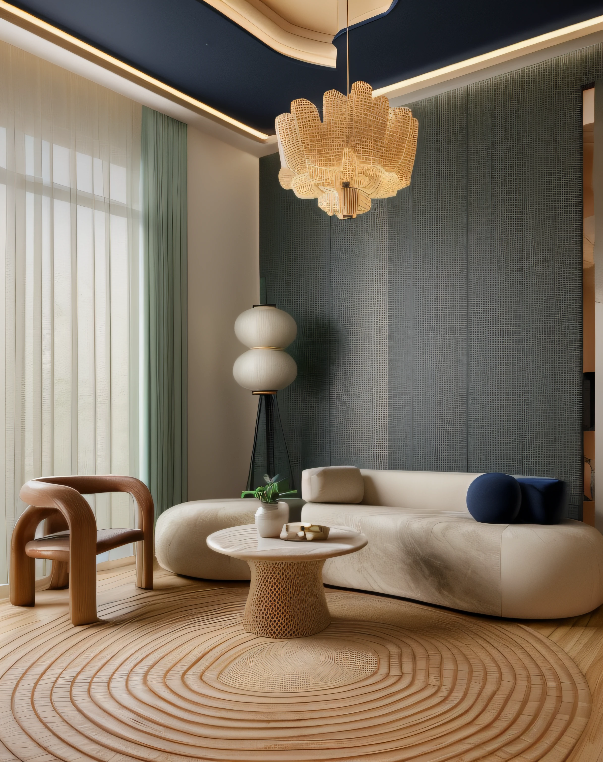RAW photo, interior classic style, (high detailed skin:1.2), 8k uhd, dslr, (natural light:1.2), high qualityPlease generate a detailed and unique image of the living room in a Japandi-style apartment. The room should embody the essence of Japandi with warm and bright natural wood tones, emphasizing the wood's beautiful grain patterns. The floor should consist of opulent tiles or luxurious marble cladding with elegant cloud-like patterns. Incorporate both modern LED lighting and a contemporary chandelier to create a well-lit space. The sofa, ideally in a refined textile, should complement the interior furnishings. Choose modern, sleek curtains in a sophisticated shade of navy blue to create a contemporary contrast. Ensure that the room is flooded with authentic and crisp natural light, enhancing the colors and textures of the interior elements. To introduce a unique twist, incorporate a monochromatic wood paneling that spans the walls. Decorative elements in pastel blue, moss green, deep plum, and other standout colors should be strategically placed throughout the room. Please ensure that the room radiates an atmosphere of Japandi harmony, sophistication, and creativity, where the interplay of natural light, wood textures, and unique color accents creates a stunning representation of the Japandi apartment living room
