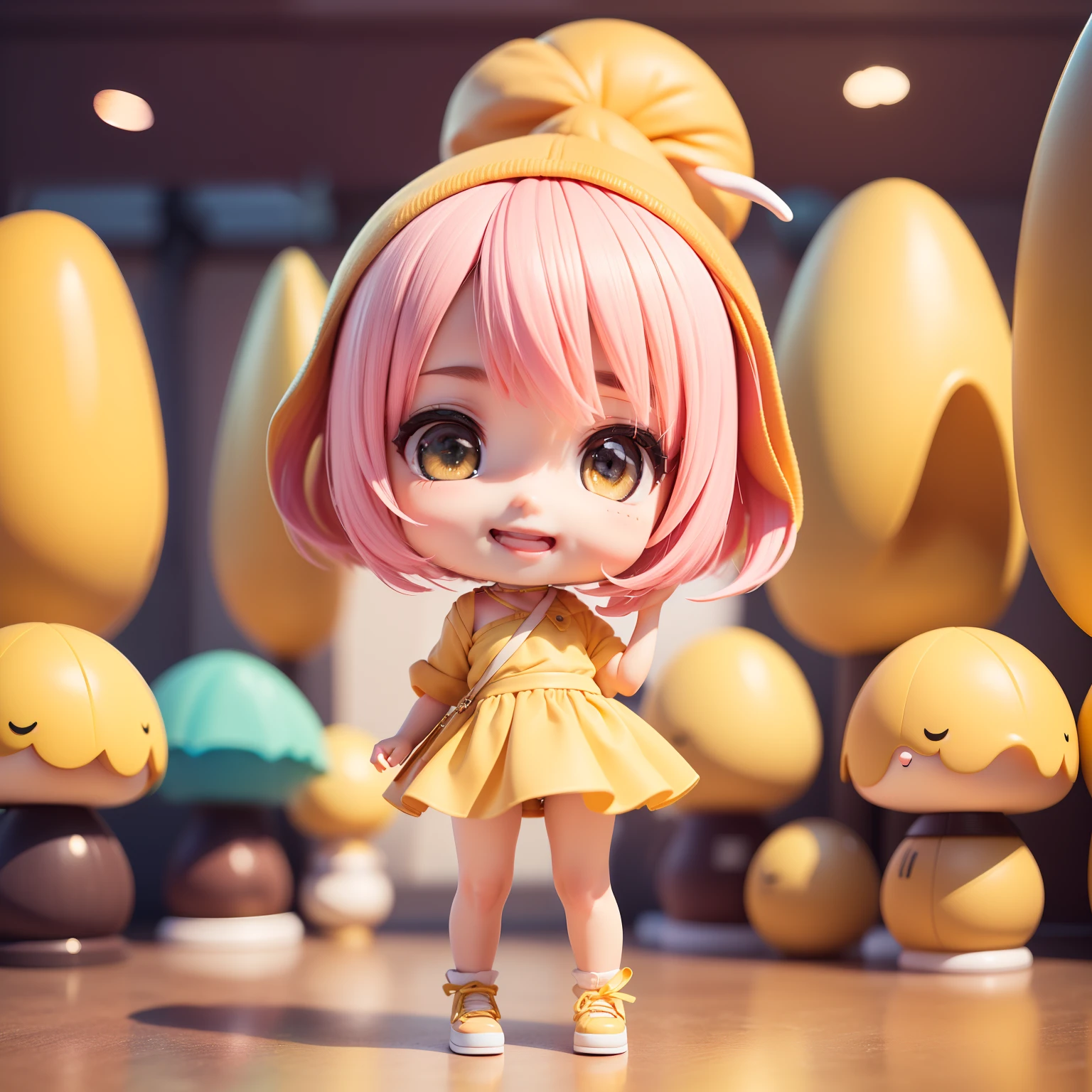 Cute Baby Chibi Anime、(((Chibi 3D)))(Best Quality),(masutepiece)、Chibi Tokyo Girls Collection、fashion modell、Runaway、Yellow Pink Bob Hairstyle、Open your mouth and smile、a small face、Standing、