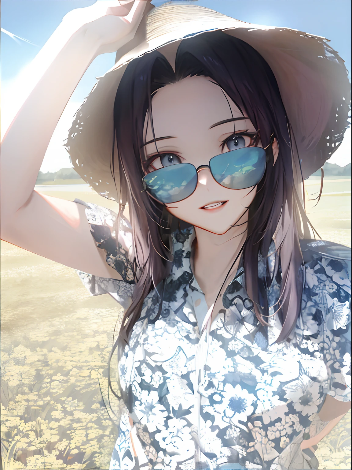 Arapei wears a hat and sunglasses in the field, xintong chen, with sunglass, jinyiwei, Li Zixin, zmonzheng, wenfei ye, dilraba dilmurat, Wang Qichao, zeng fanzh, Lin Qifeng, Chinese girl, hot with shining sun, 2 8 , Gorgeous lady ，Animated style