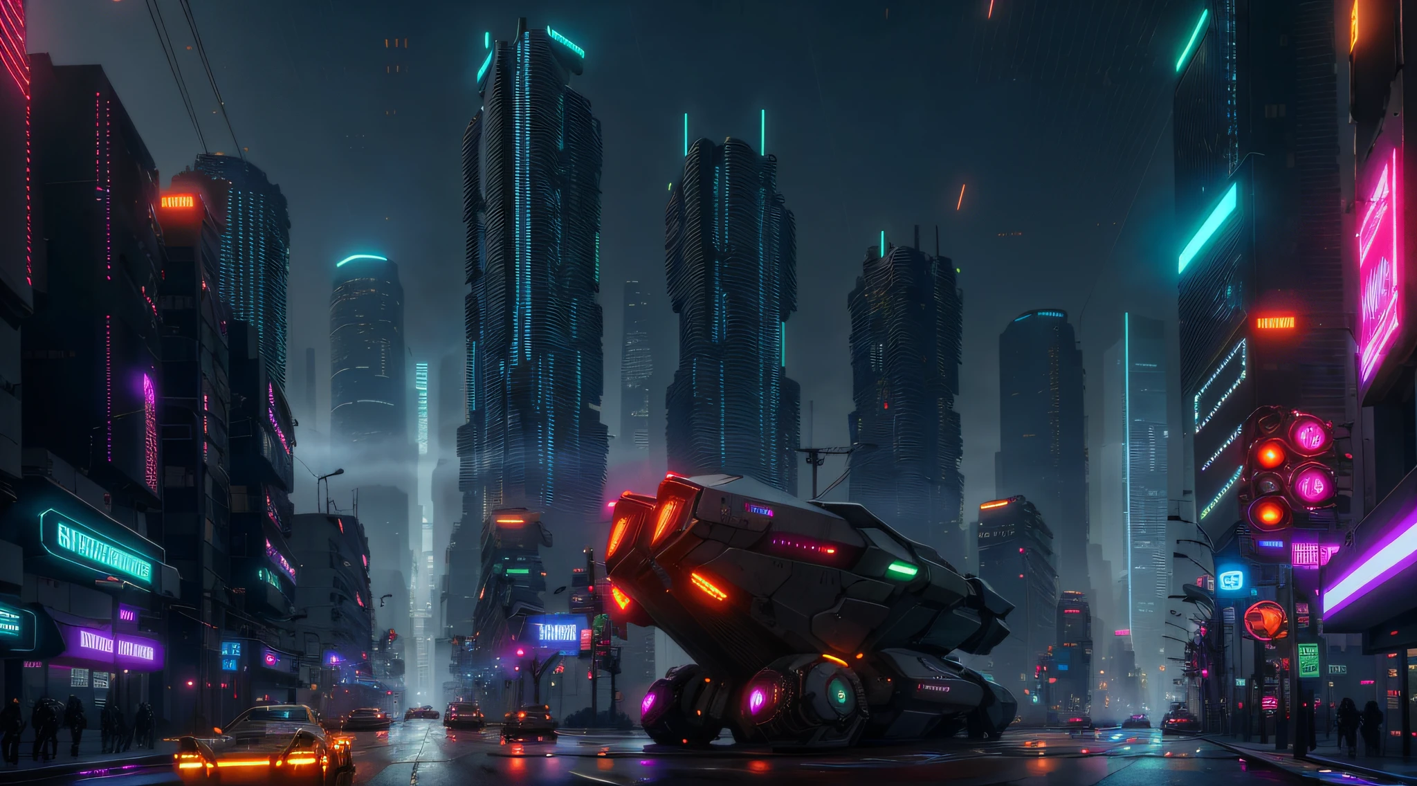 Avenida amplia de la Ciudad de Los Angeles, cyberpunk city from the science fiction film Blade runner, niebla, hiperdetallado, gente, Futuristic vehicles flying through the sky of the city, realista, ultrarrealista, alta calidad, ultra detalle, detalle loco, Foto realism, 8k