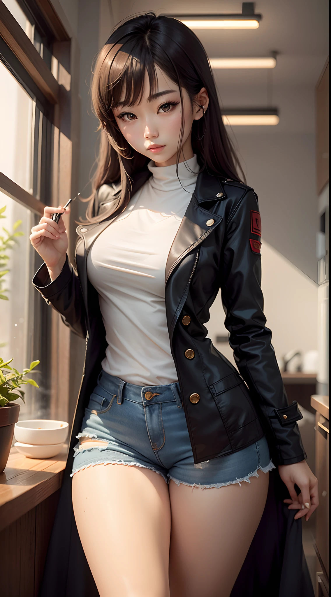 独奏,Super beautiful woman,Precise perfect curves,Define thick thigh cybernetics,Short sleeved coat,Hot shorts