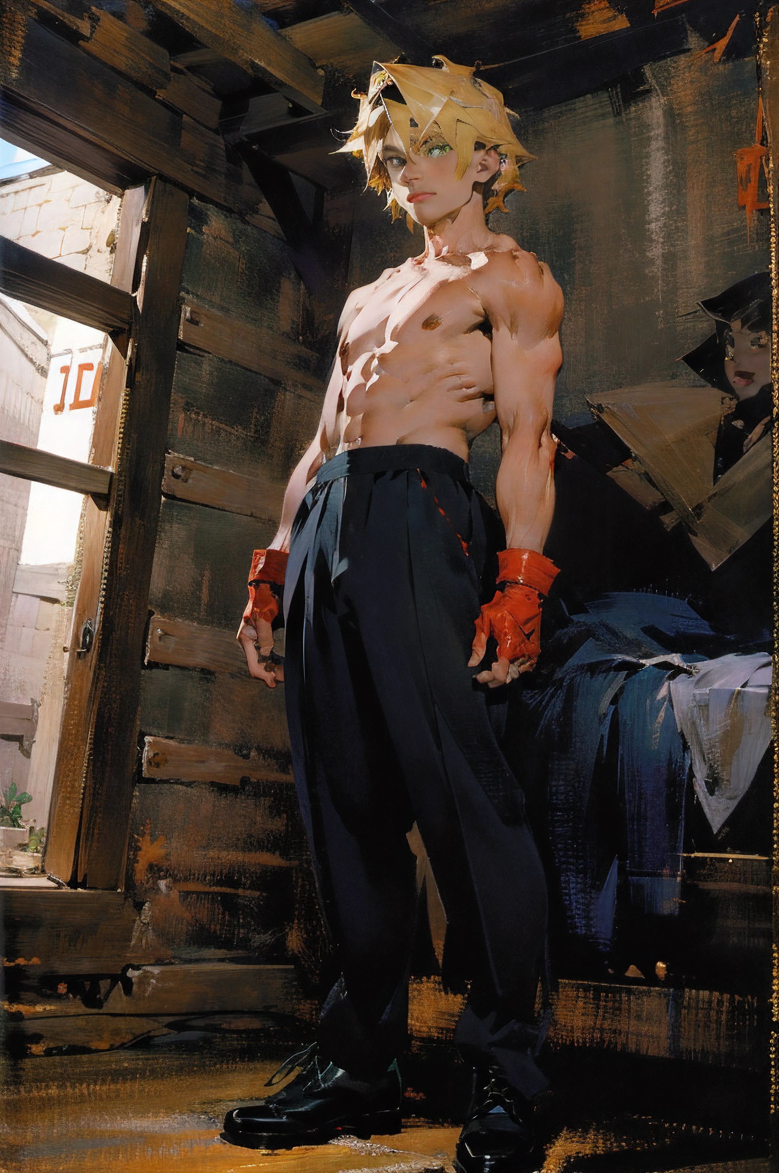 blond, Tall, Green-eyed guy, Viking style, Russian hero style, Strong, Anime style, anime big breast , Link, ( mitts), standing, Topless , (Muscular:0.5)(From above:0.1),(sport:0.2), (Empty dojo),(Smiling:0.4), (Dominant),(Evil)(self-assured)(sadistic)(Adult:1)(Masculine:1)(Slender:0.3)(From below:0.3)(Powerful)(view the viewer), (Brown pants)(Combat boots)
