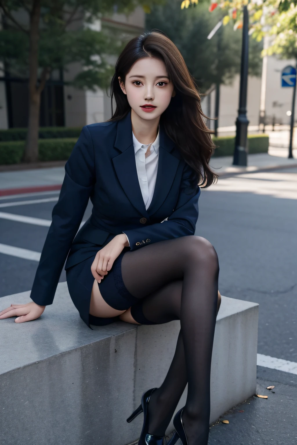 Best quality, full body portrait, delicate face, pretty face, 23 year old woman, slim figure, large bust, OL uniform, office clothes, navy blue stockings, outdoor scene, sitting position