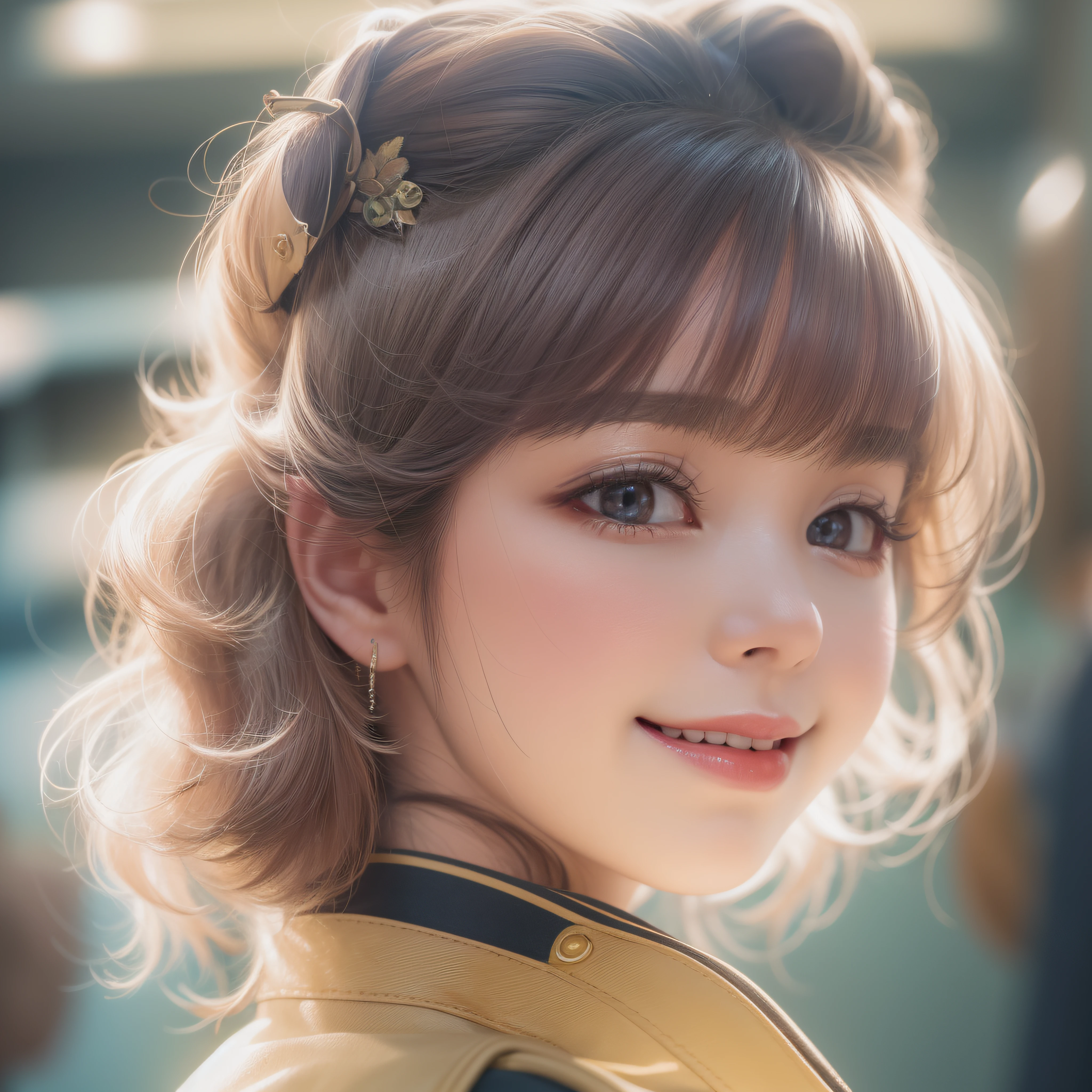 Close up of a smile with the corners of the mouth raised、Stewardess、Stewardess Costume、Stewardess Cosplay、(realisitic、hight resolution)、(1 girl in)、Stewardess、Do-Up Eye、Korean Girl、(Best Quality), (masutepiece), (1girl in), Solo, a beauty girl, Perfect face, Highly detailed airbrush art((Surreal))、Volumetric lighting、(top-quality)、The ultra-detailliert、Highly detailed colorful details、(Bright lighting)、ultra-detailliert、mixing exposure、nffsw、Her eyes are glowing pink、Her face is full of anticipation and courage、A smile appears on the lips of a girl。 At the rear、The sun is slowly tilting to the west。Its light brings light to the surface of the sea、The swaying waves create a beautiful scene。Her eyes are clearly glowing pink。