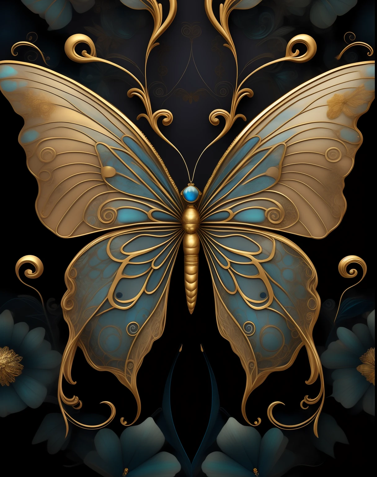 a close up of a butterfly with gold and blue wings, steampunk butterfly, harmony of butterfly, exquisite and handsome wings, butterfly, mechanical butterfly, exquisitely ornate, elegant and ornate, photo of a mechanical butterfly, ultra intricate, beautiful symmetric, intricately detailed background, beautifully symmetrical, symmetrical wings, ornate art, symetrical wings, detailed digital art