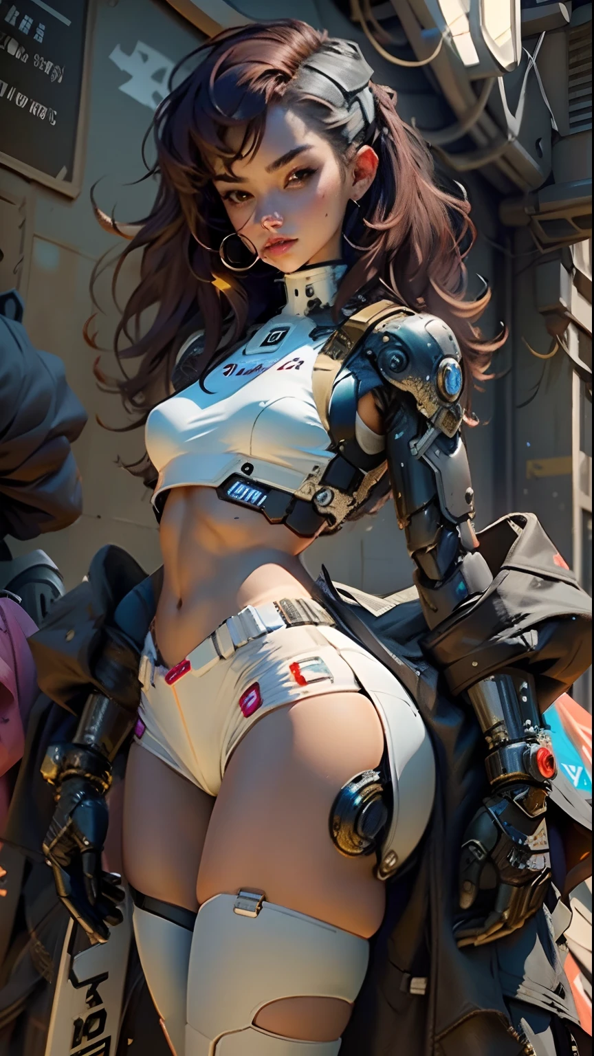 Woman body defined thick thighs cybernetic body parts, short underwear
