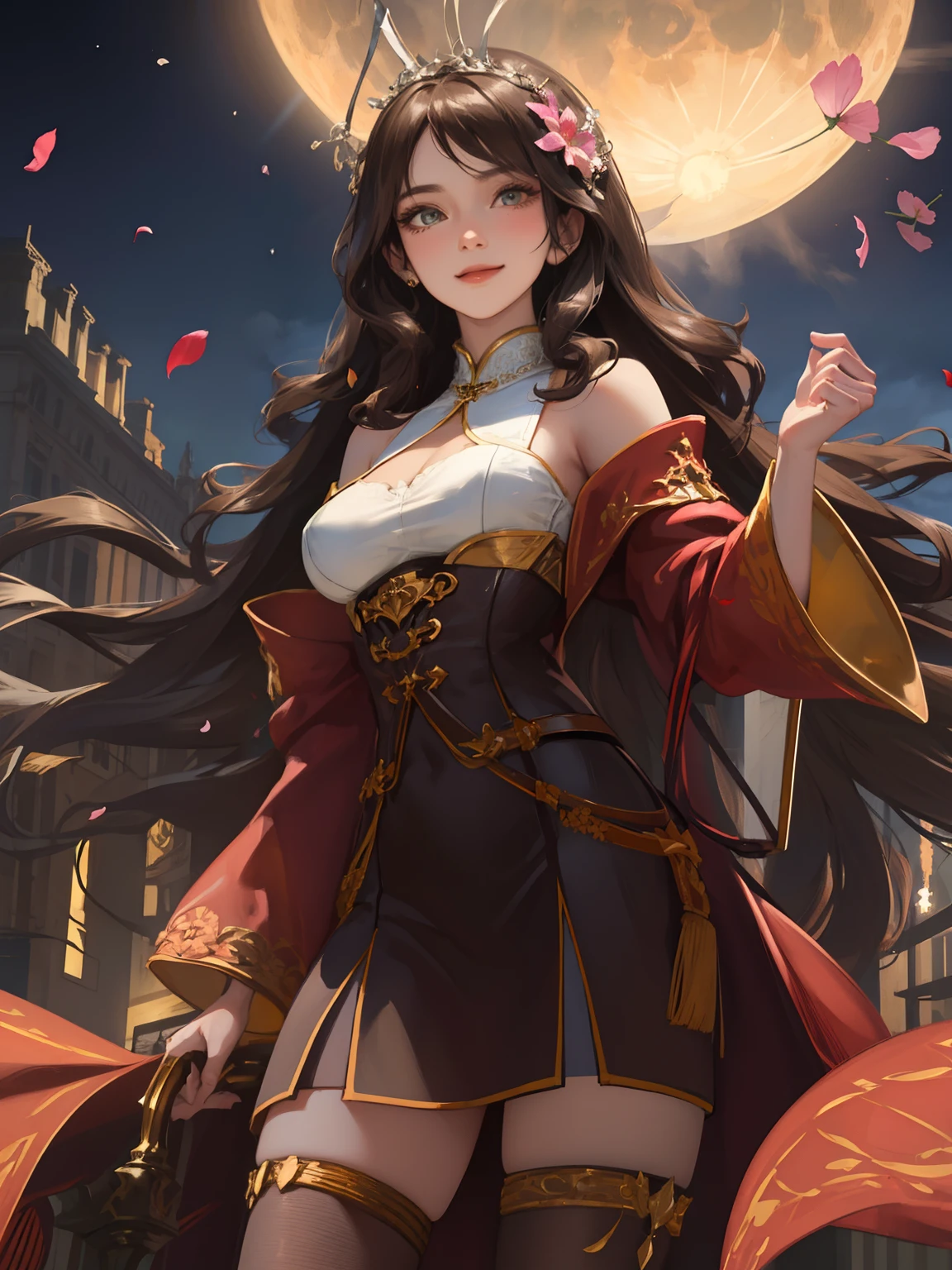 Detailed woman face looking at camera, dark- brown eyes, masterpiece, best quality,
1girl, (colorful),(finely detailed beautiful eyes and detailed face),cinematic lighting,bust shot,extremely detailed CG unity 8k wallpaper, brown hair,solo,smile,intricate skirt,((flying petal)),(Flowery meadow)
sky, cloudy_sky, building, moonlight, moon, night, (dark theme:1.3), light, fantasy,