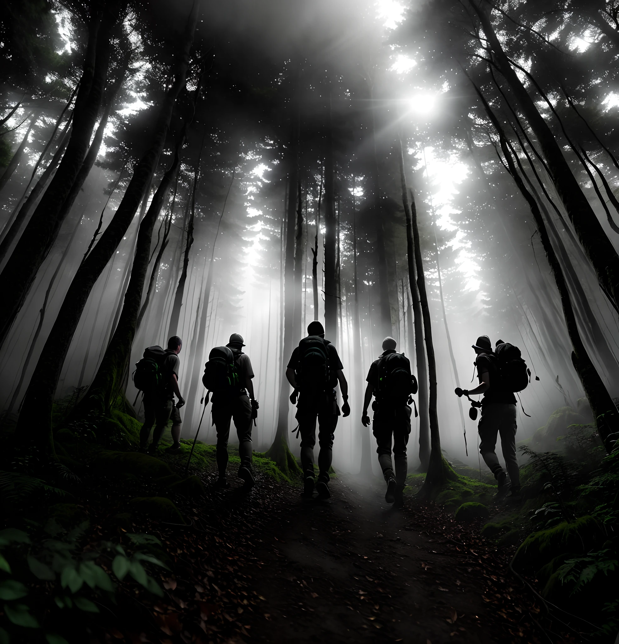 Entering the Shadowed Forest:
   - See the group cautiously stepping into the dense, dark forest, flashlights piercing through the gloom.