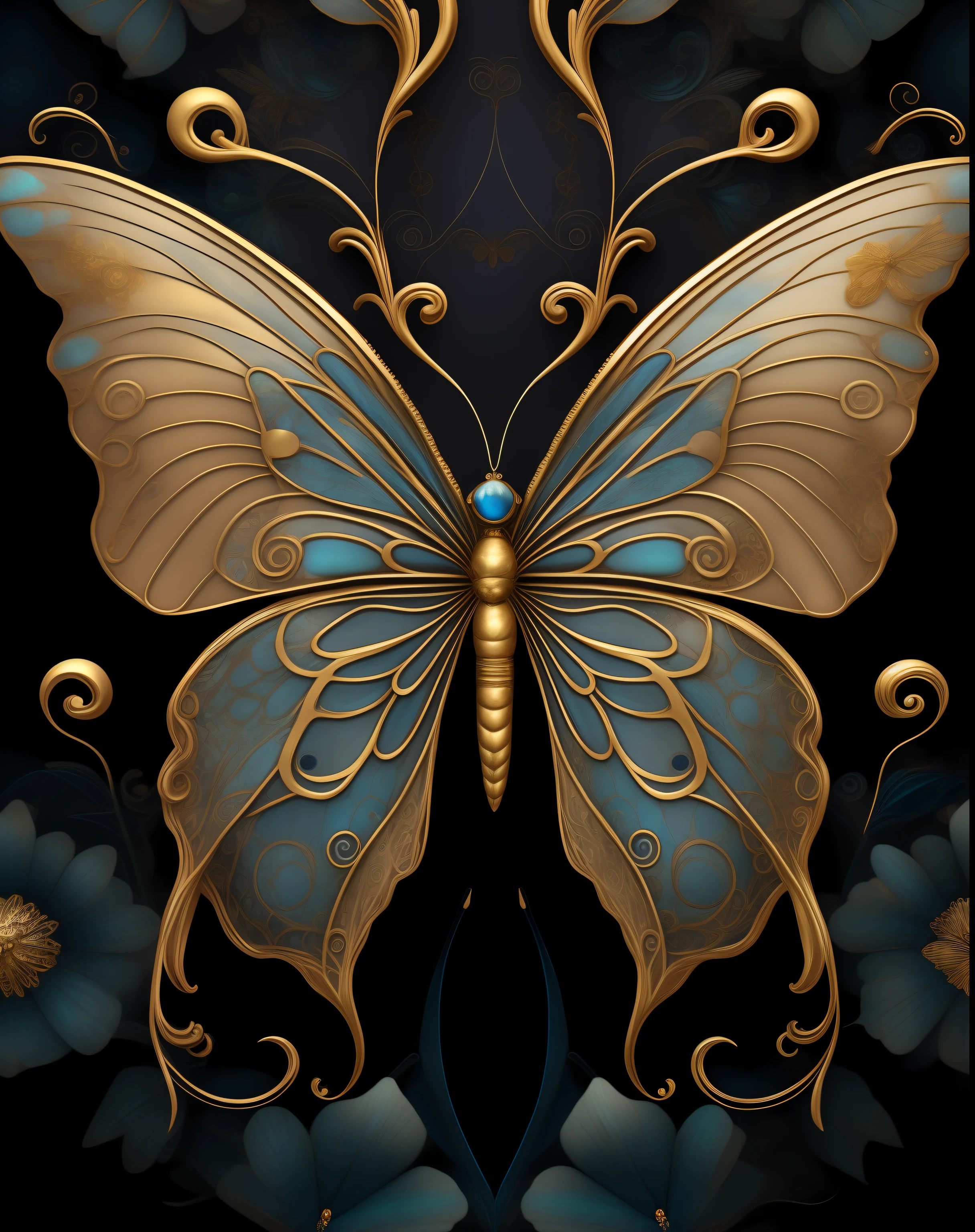 a close up of a butterfly with gold and blue wings, steampunk butterfly, harmony of butterfly, exquisite and handsome wings, butterfly, mechanical butterfly, exquisitely ornate, elegant and ornate, photo of a mechanical butterfly, ultra intricate, beautiful symmetric, intricately detailed background, beautifully symmetrical, symmetrical wings, ornate art, symetrical wings, detailed digital art